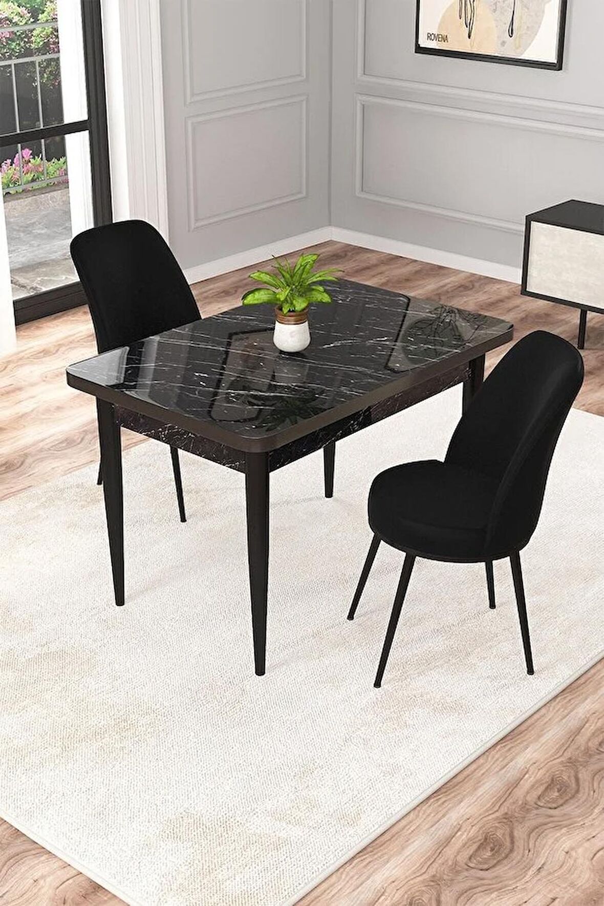 Rovena Raum Siyah Mermer 70x110 Sabit Suntalam Yemek Odası Takımı 2 Adet Sandalye