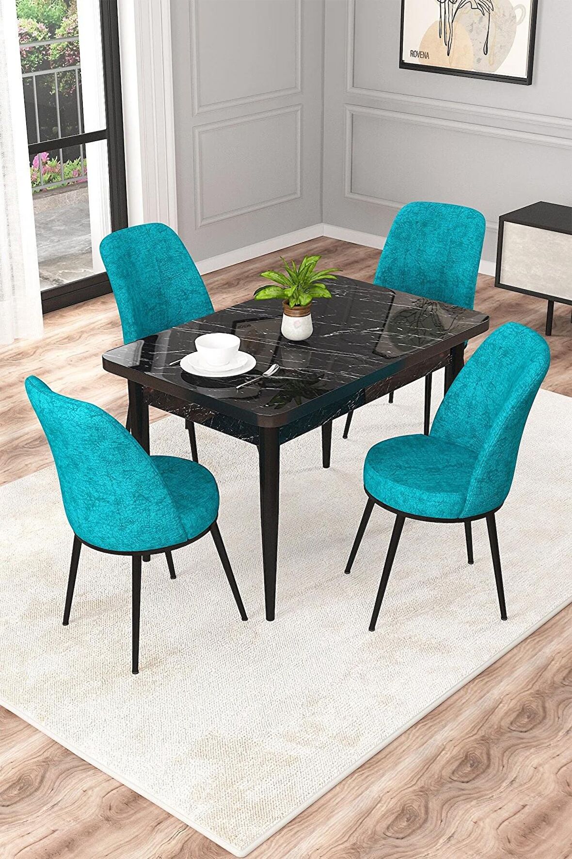 Rovena Raum Siyah Mermer 70x110 Sabit Suntalam Yemek Odası Takımı 4 Adet Sandalye