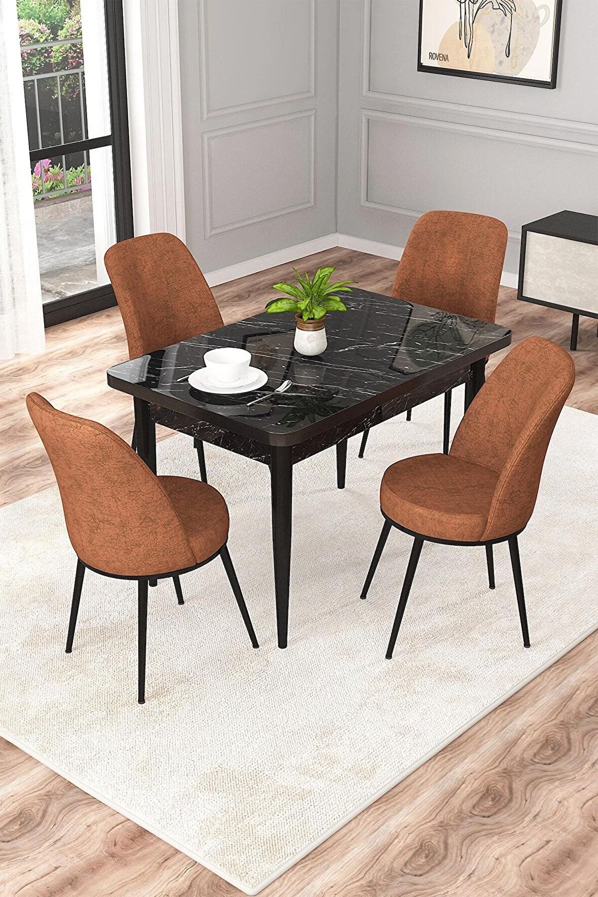Rovena Raum Siyah Mermer 70x110 Sabit Suntalam Yemek Odası Takımı 4 Adet Sandalye