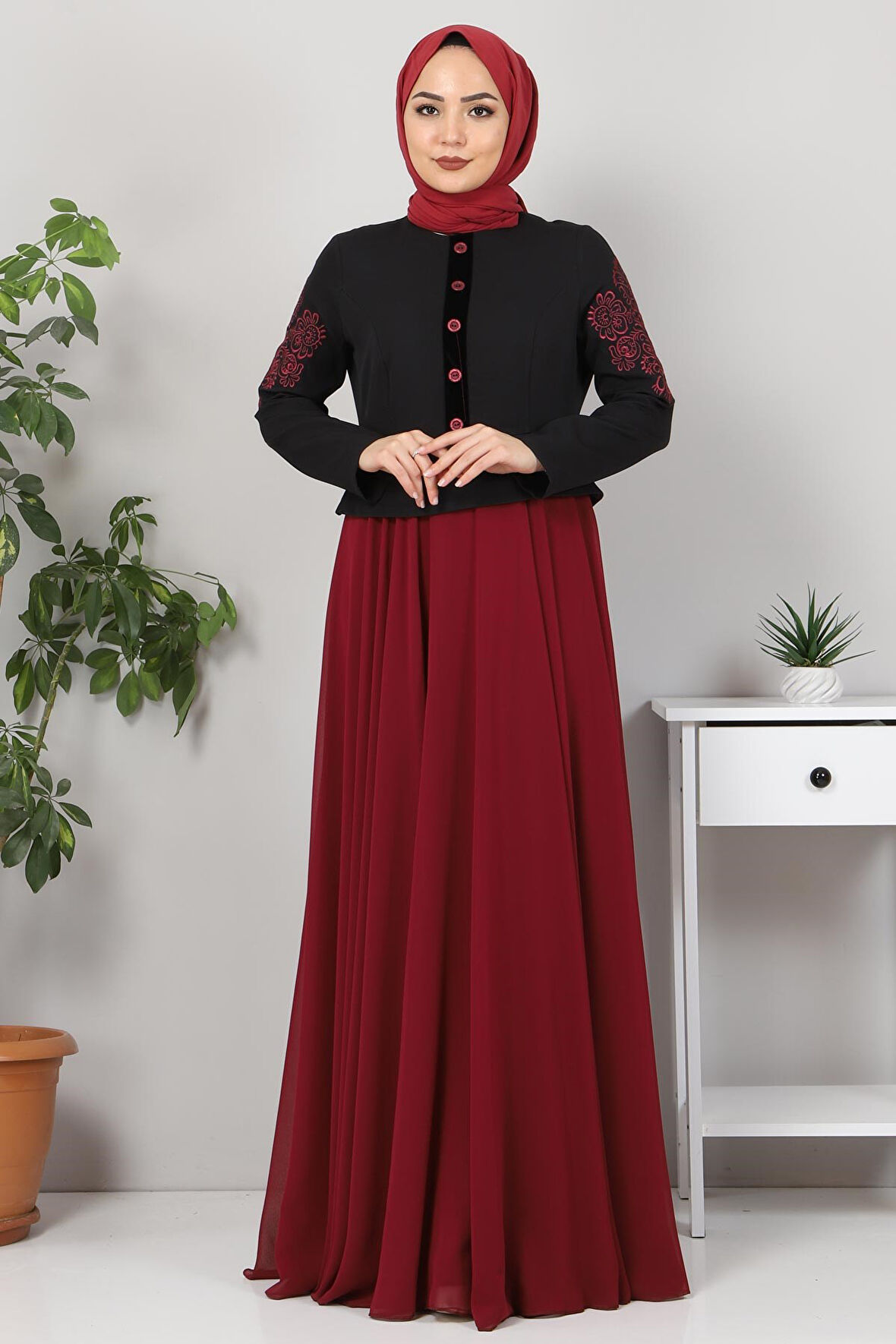 Nakışlı Şifon Abiye Bordo 9888