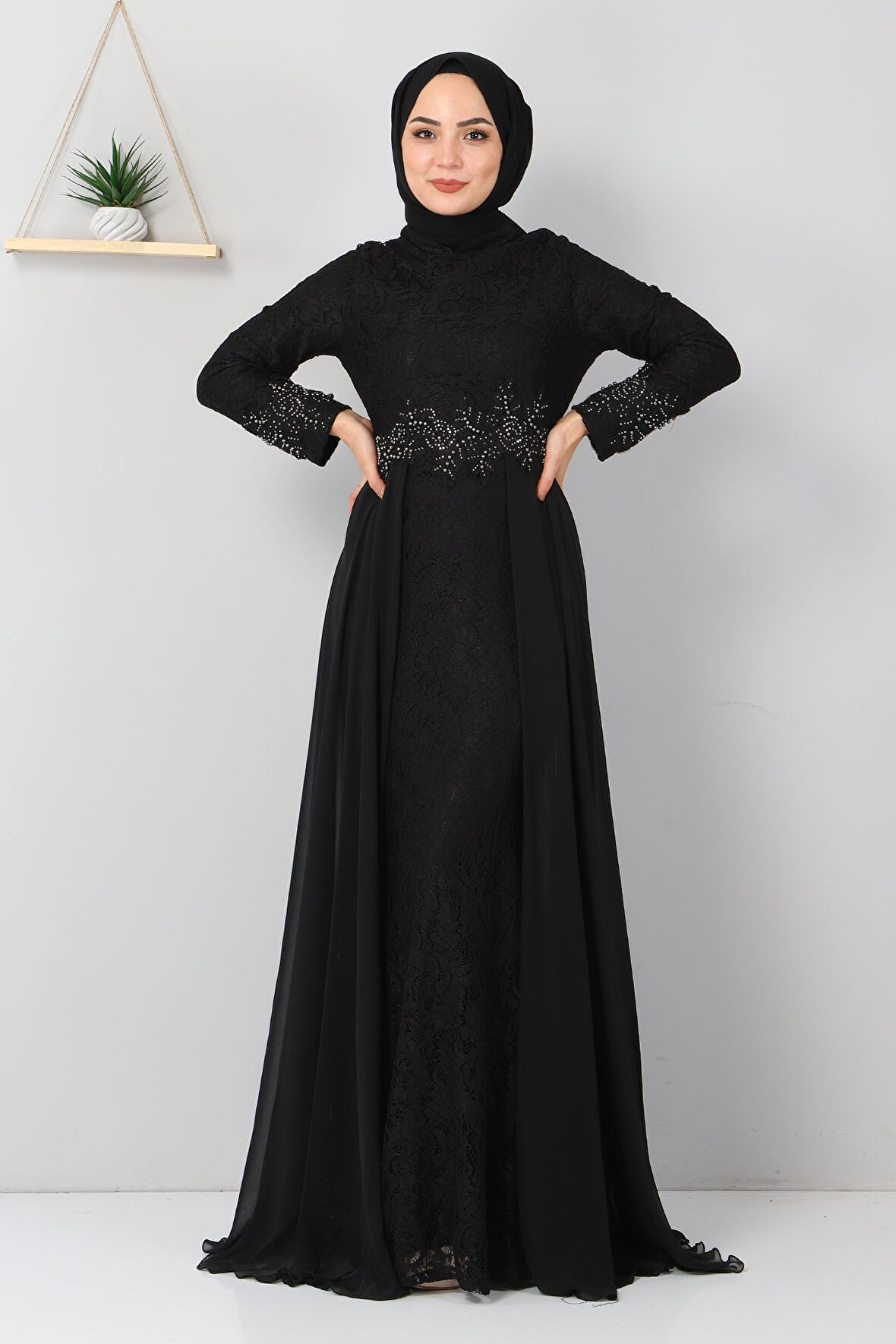 Taş Detaylı Balık Abiye Siyah 8855