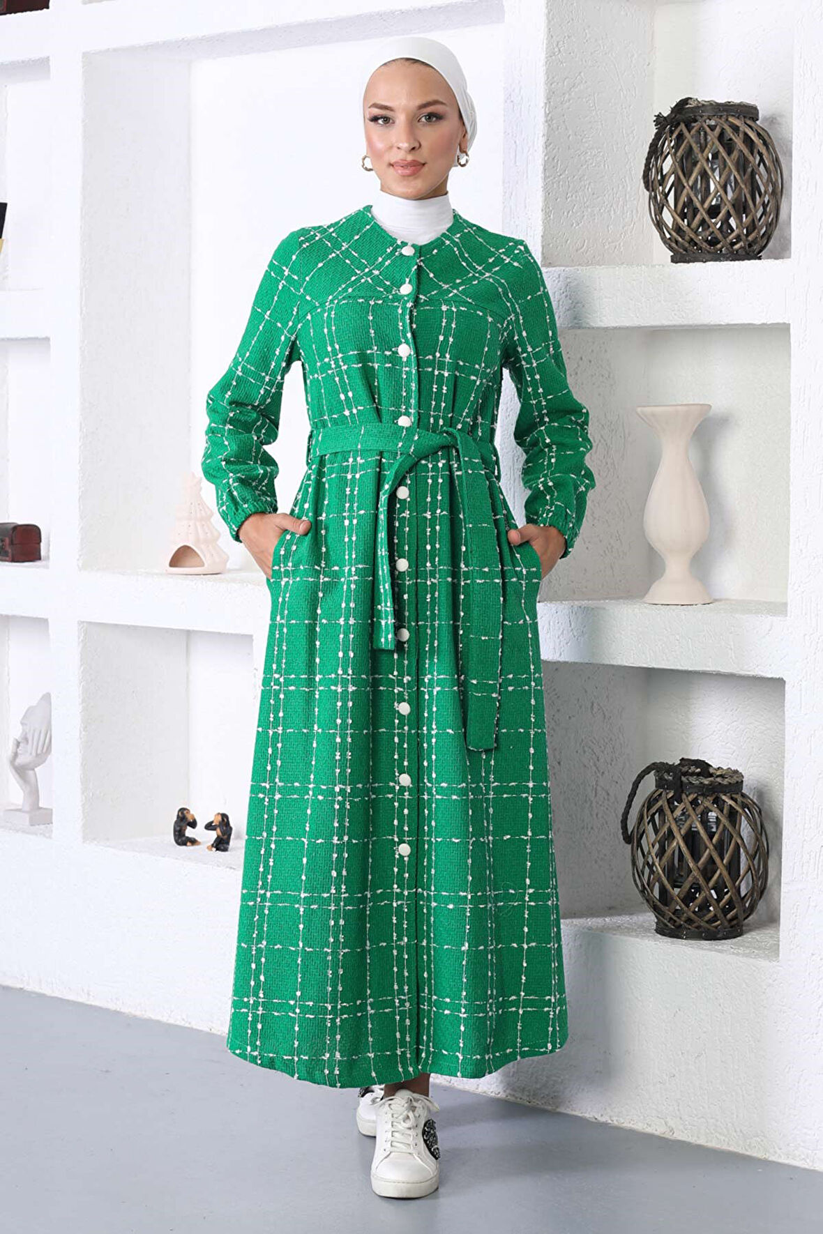 Düğmeli Kaşe Kaban Yeşil 10295