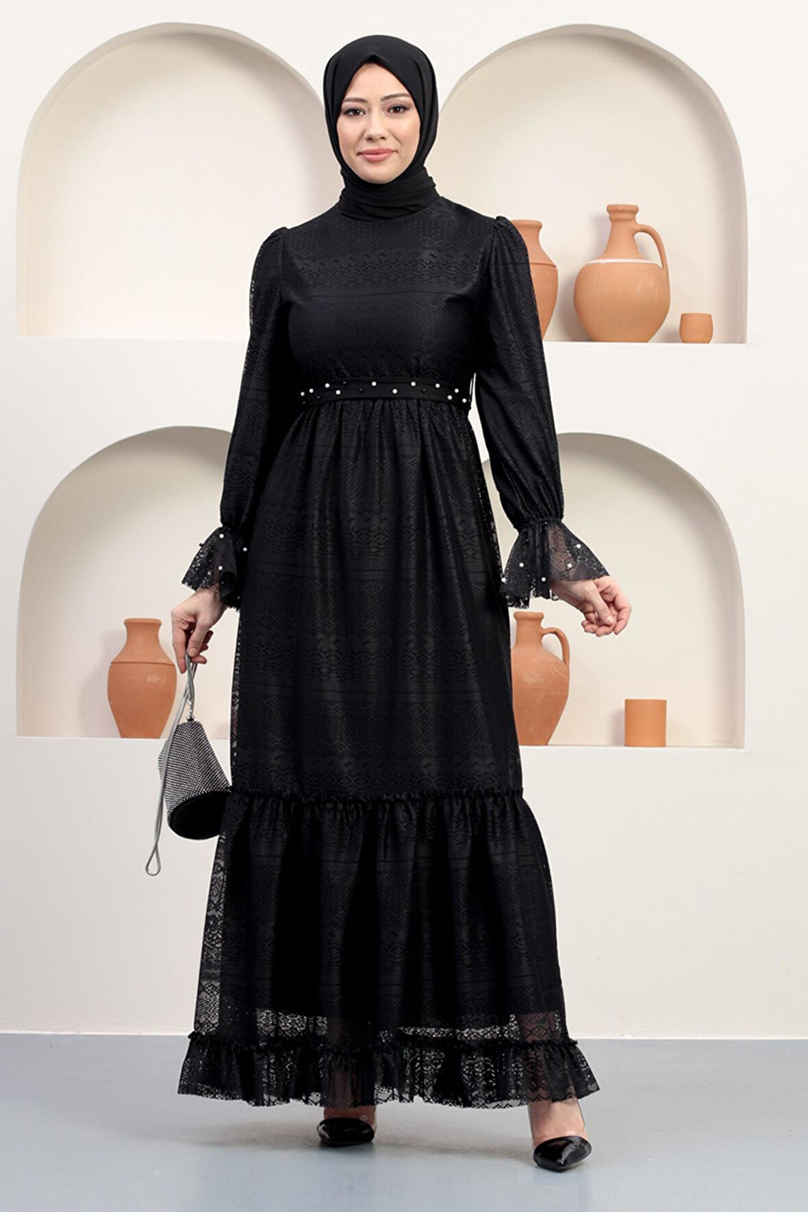 İnci Detaylı Dantel Abiye Siyah 12239