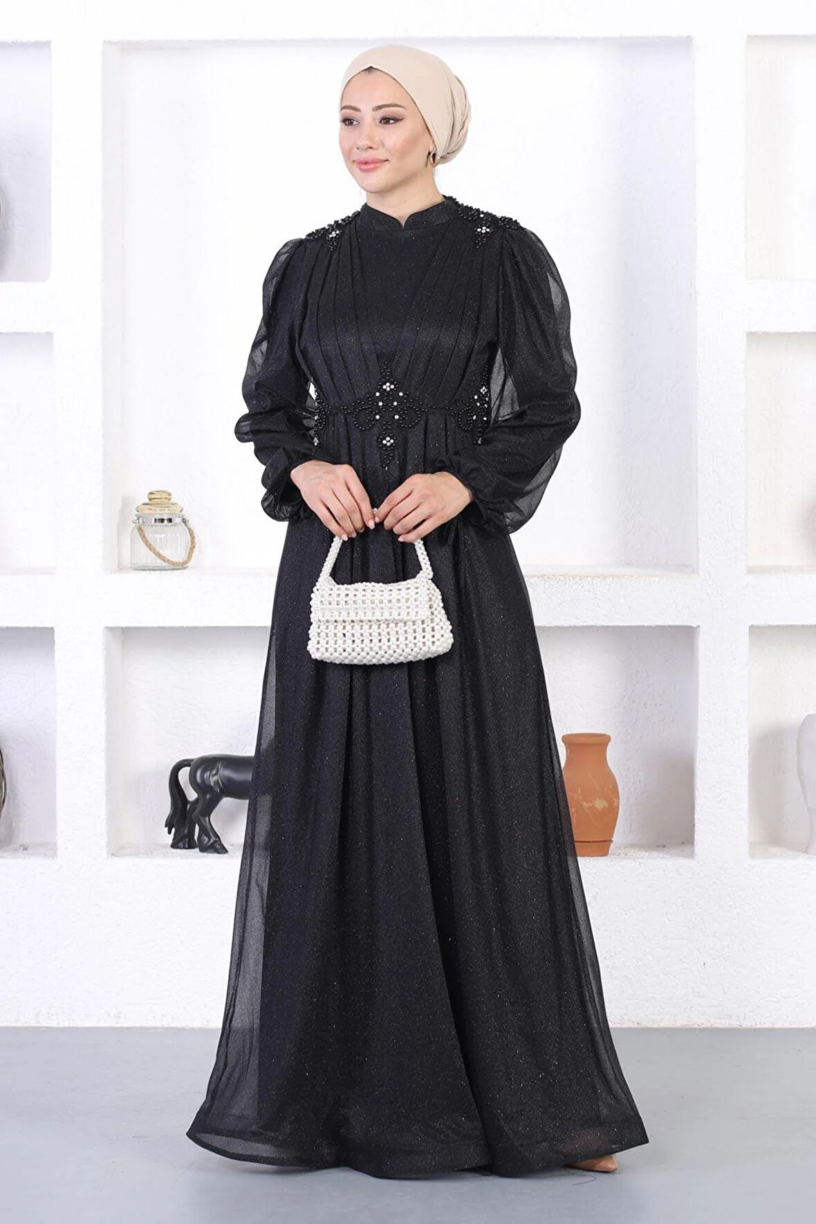 İncili Dantelli Simli Abiye Siyah 12252