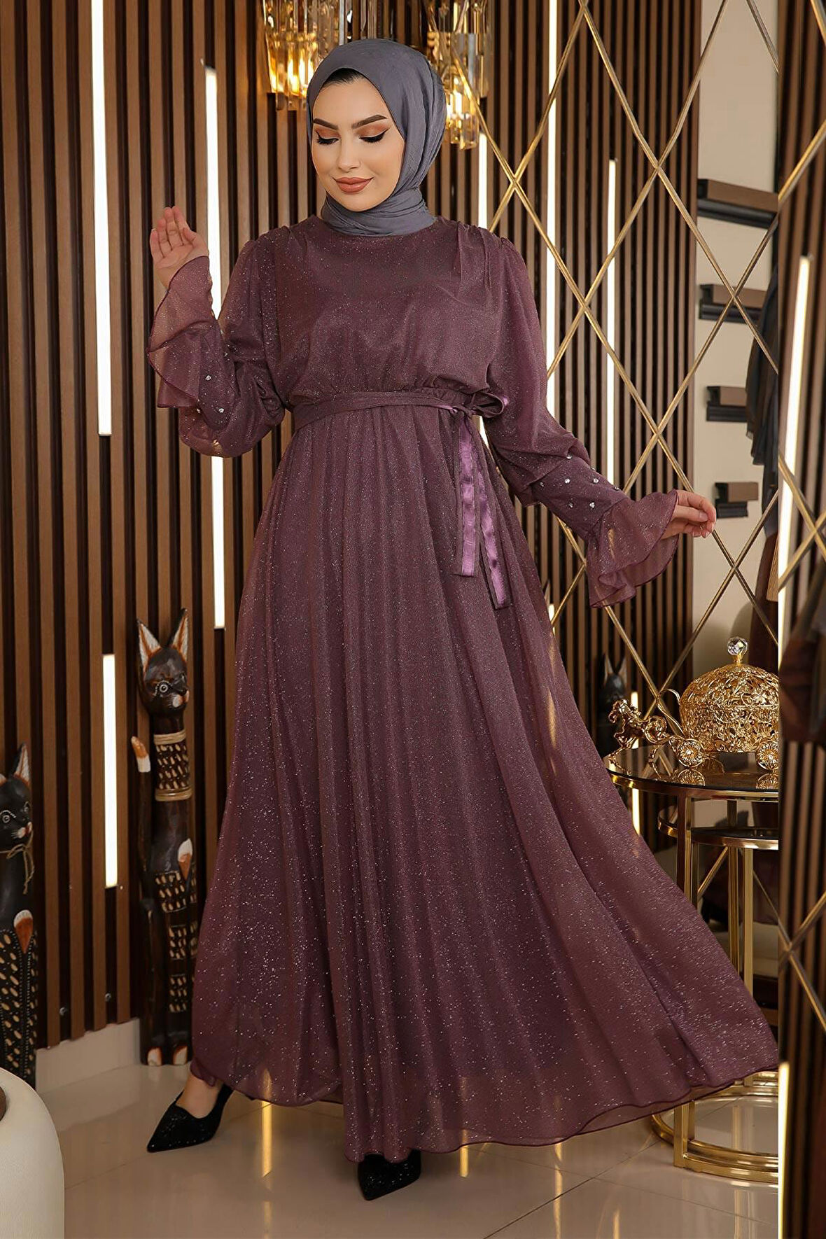 Taş Detaylı Simli Şifon Abiye Gül Kurusu 19113