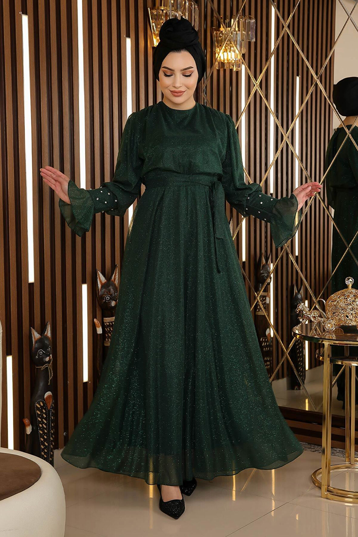 Taş Detaylı Simli Şifon Abiye Zümrüt 19113