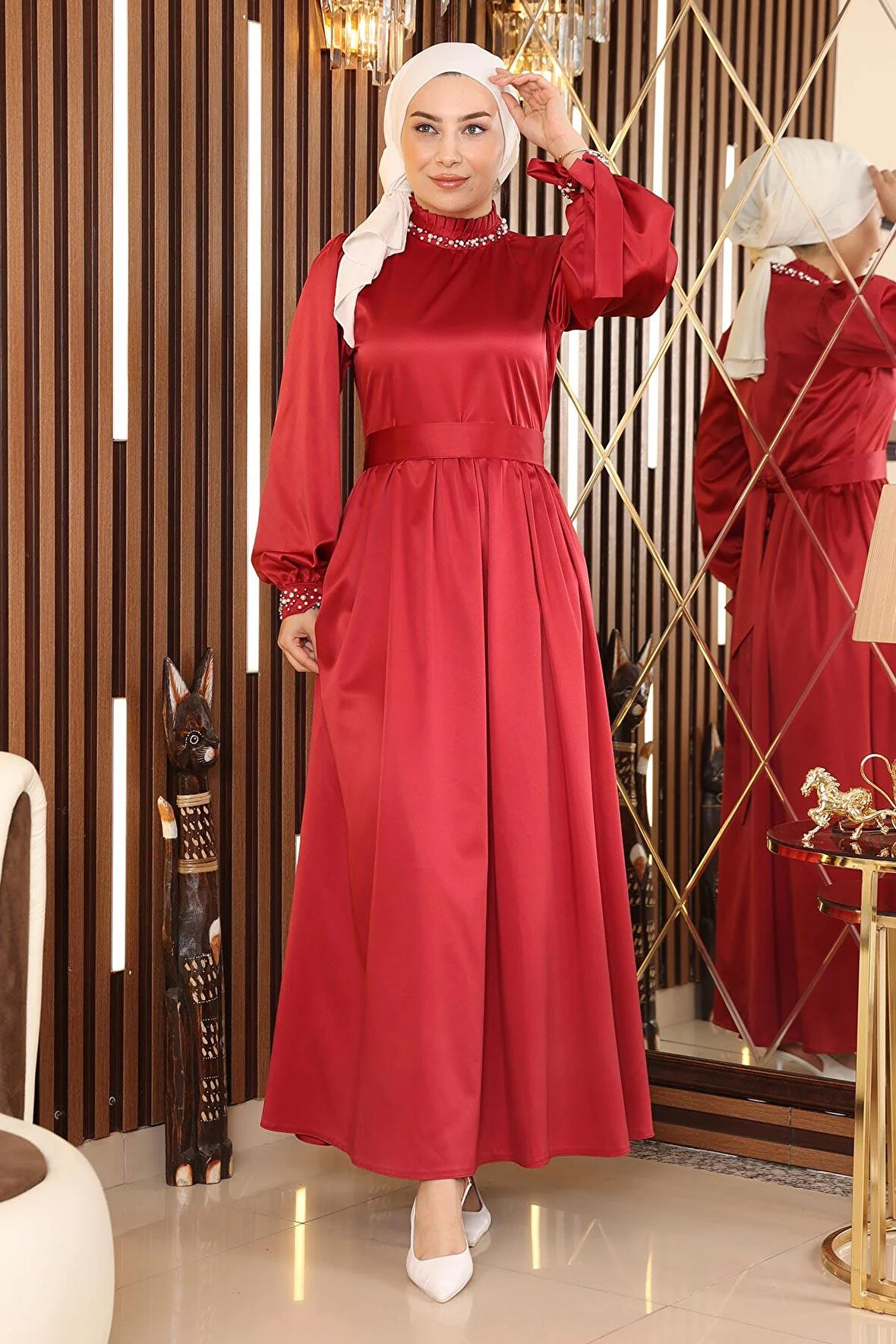 İncili Saten Abiye Bordo 19121