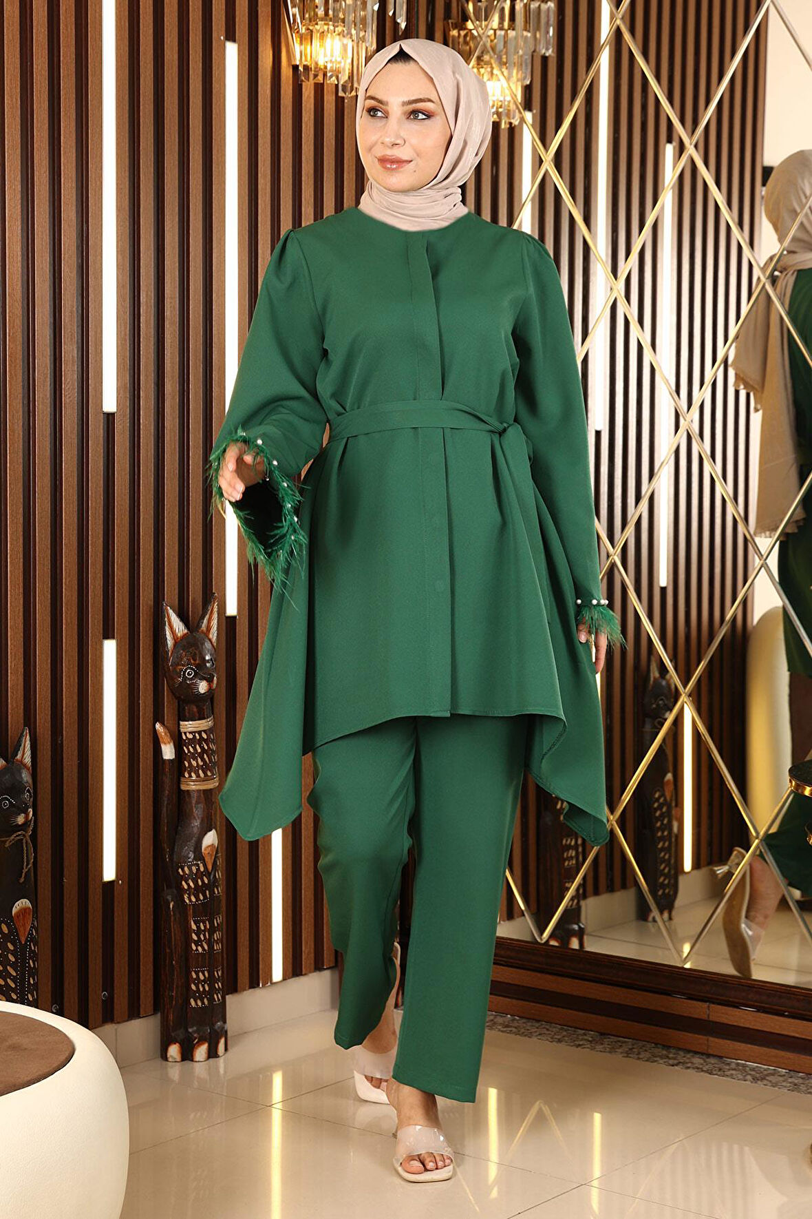 Tüy Detaylı Takım Zümrüt 19131