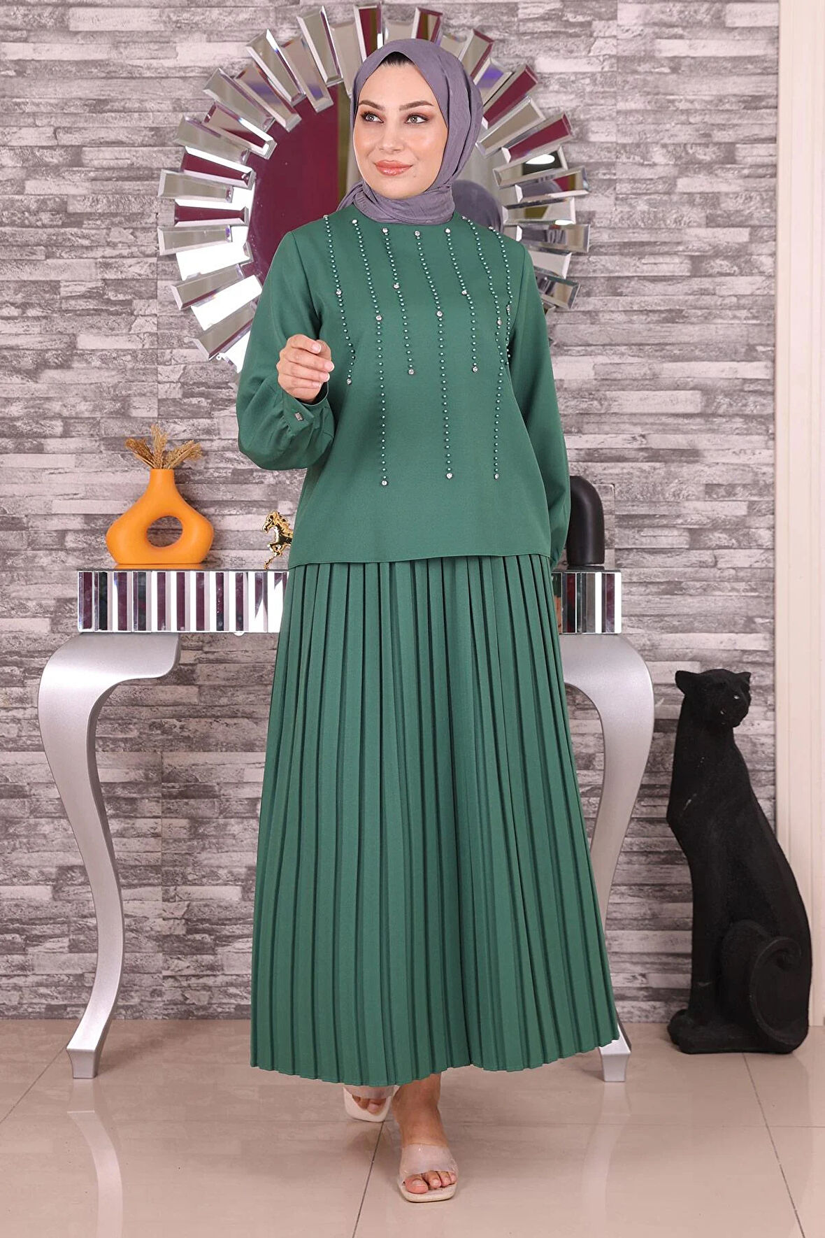 İnci ve Taş Detaylı Takım Zümrüt 19135