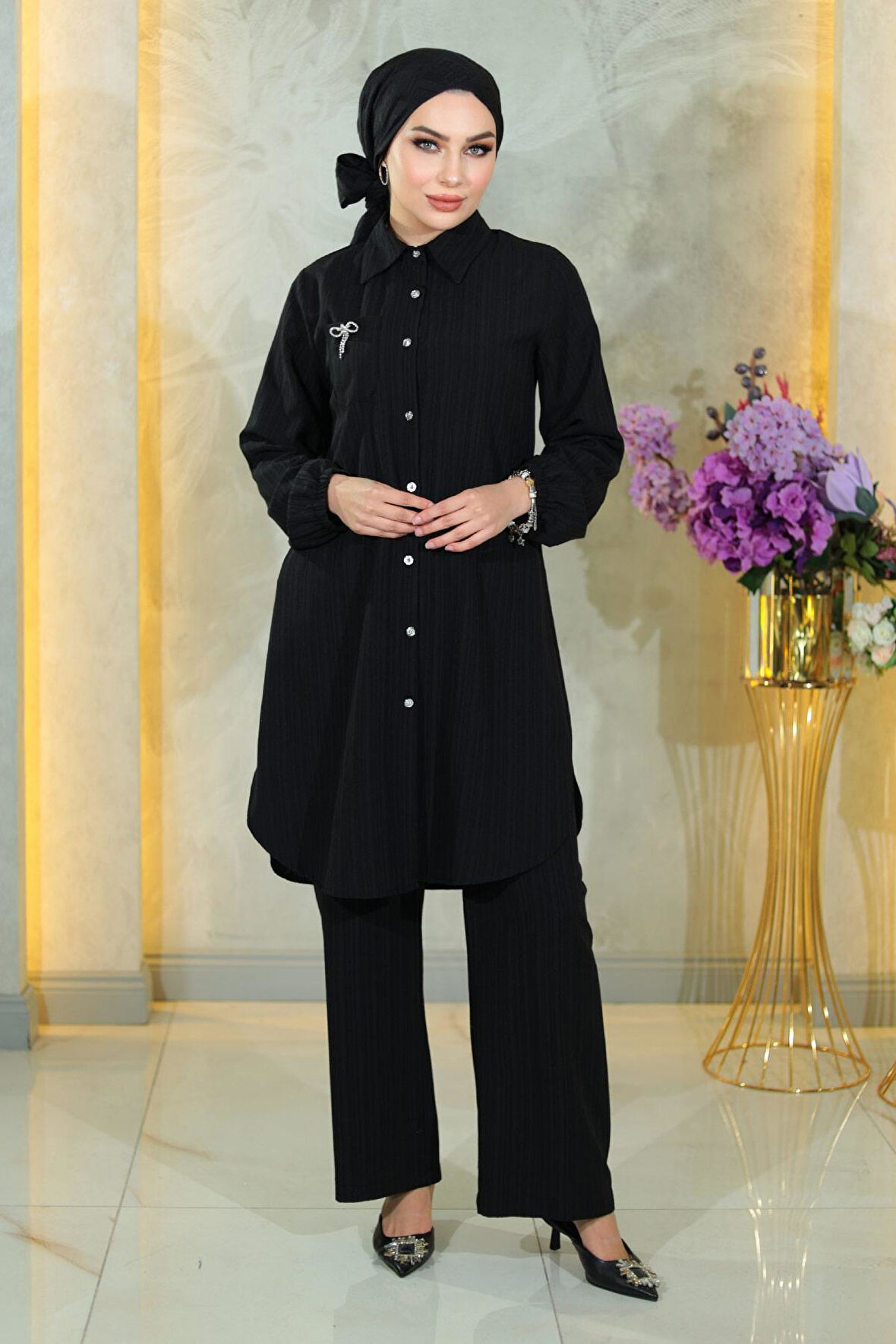Düğmeli Broş Detaylı Takım Siyah 19178