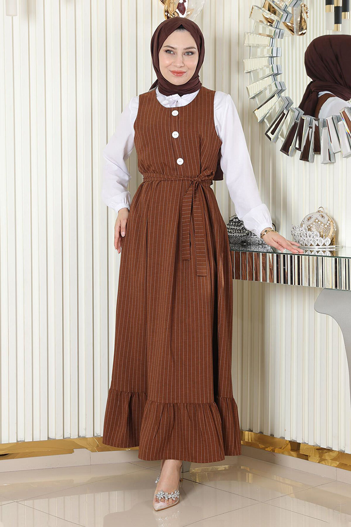 Eteği Pileli Kemerli Jile Takım Taba 19221