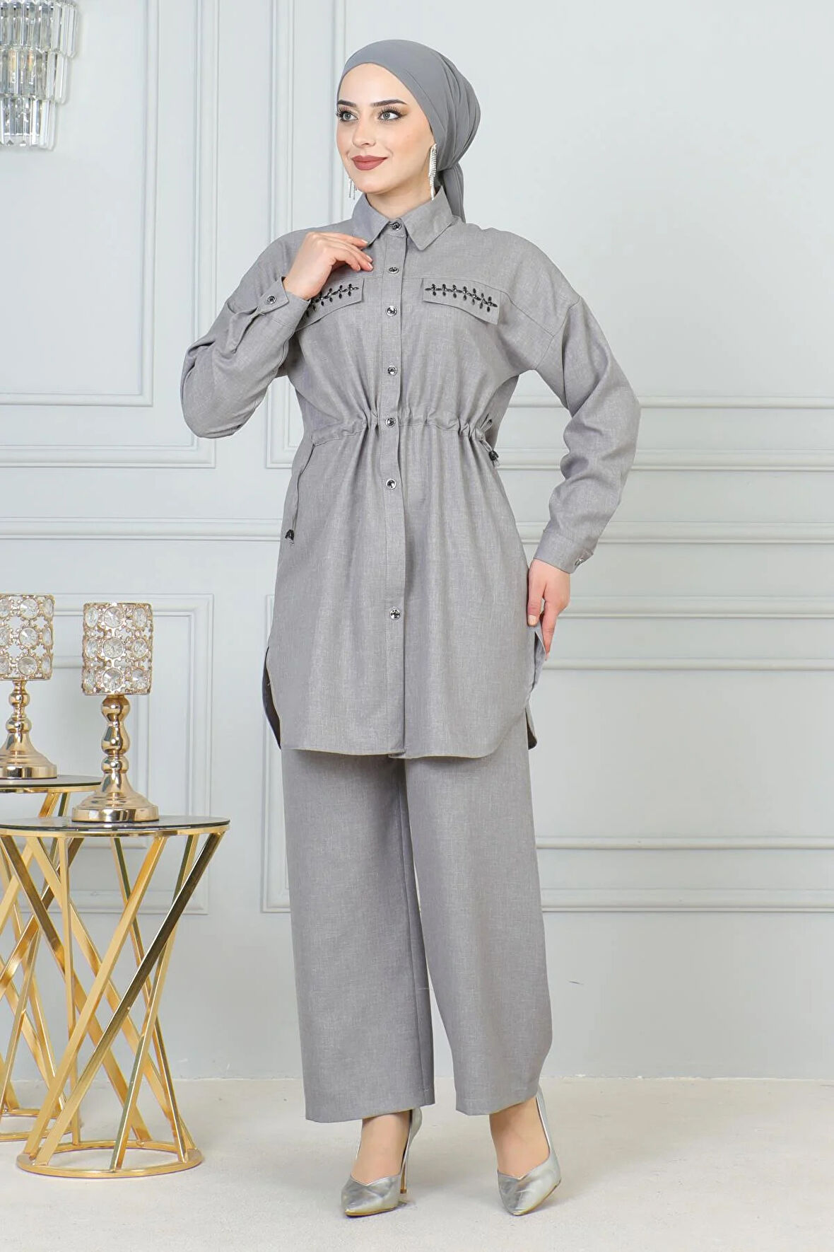 Beli Bağcıklı Takım Gri 19220