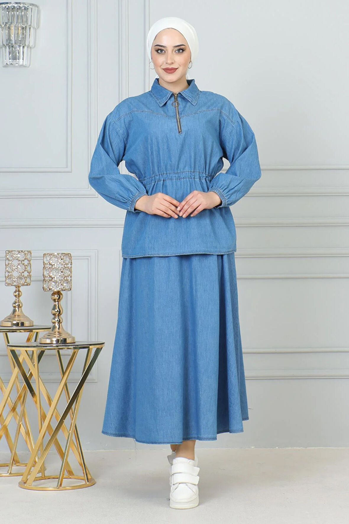 Beli Bağcık Detaylı Etekli Kot Takım Açık Mavi 19198