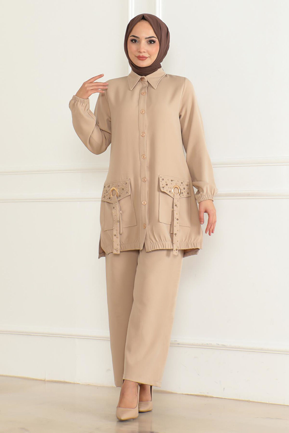 Cep Detaylı Takım Bej 19229