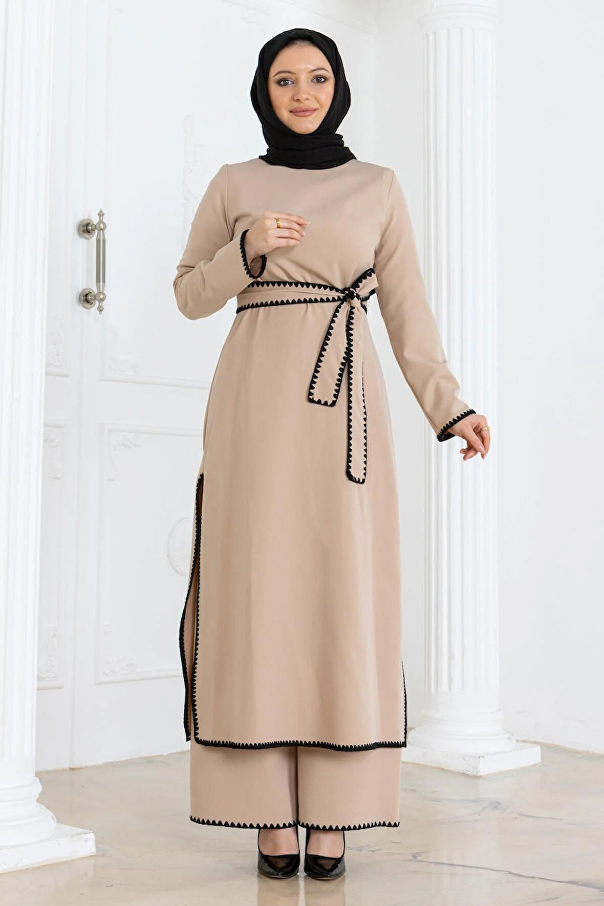 Çoban Dikişli Kemerli Takım Bej 19365