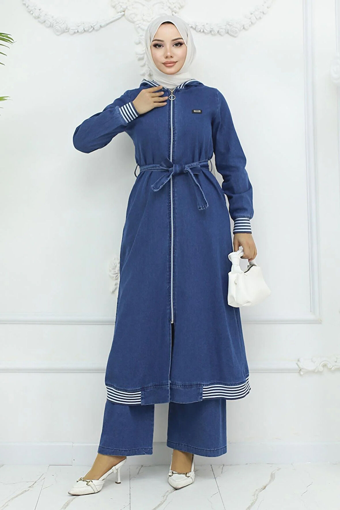 Kapşonlu Ribanalı Kot Takım Açık Mavi 19244