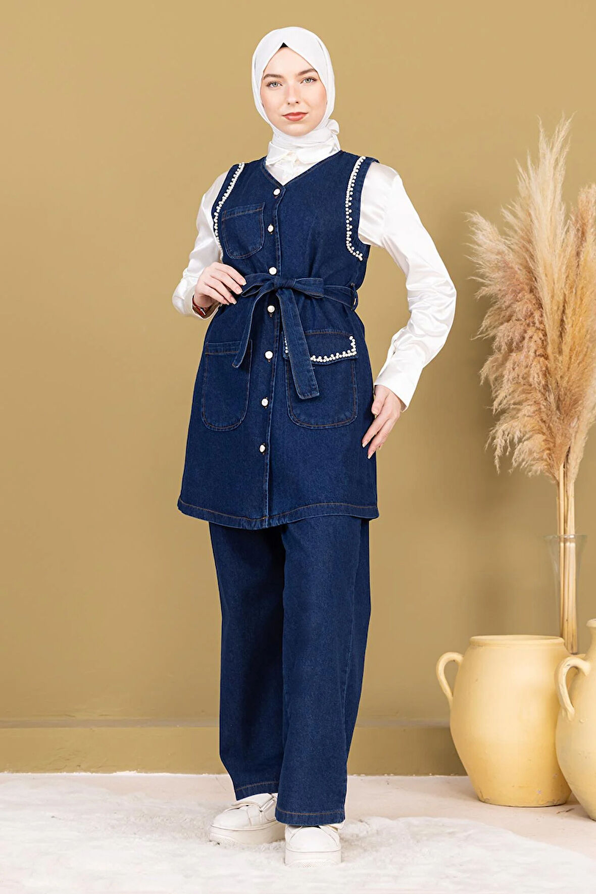 İnci Detaylı İkili Kot Takım Koyu Mavi 19245