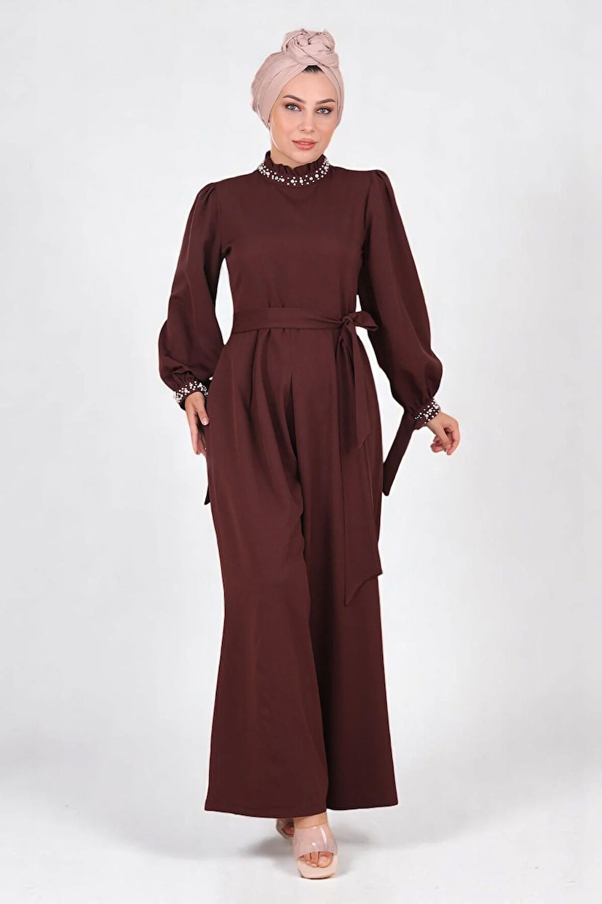 İnci Detaylı Tulum Elbise Kahverengi MSW19152-5