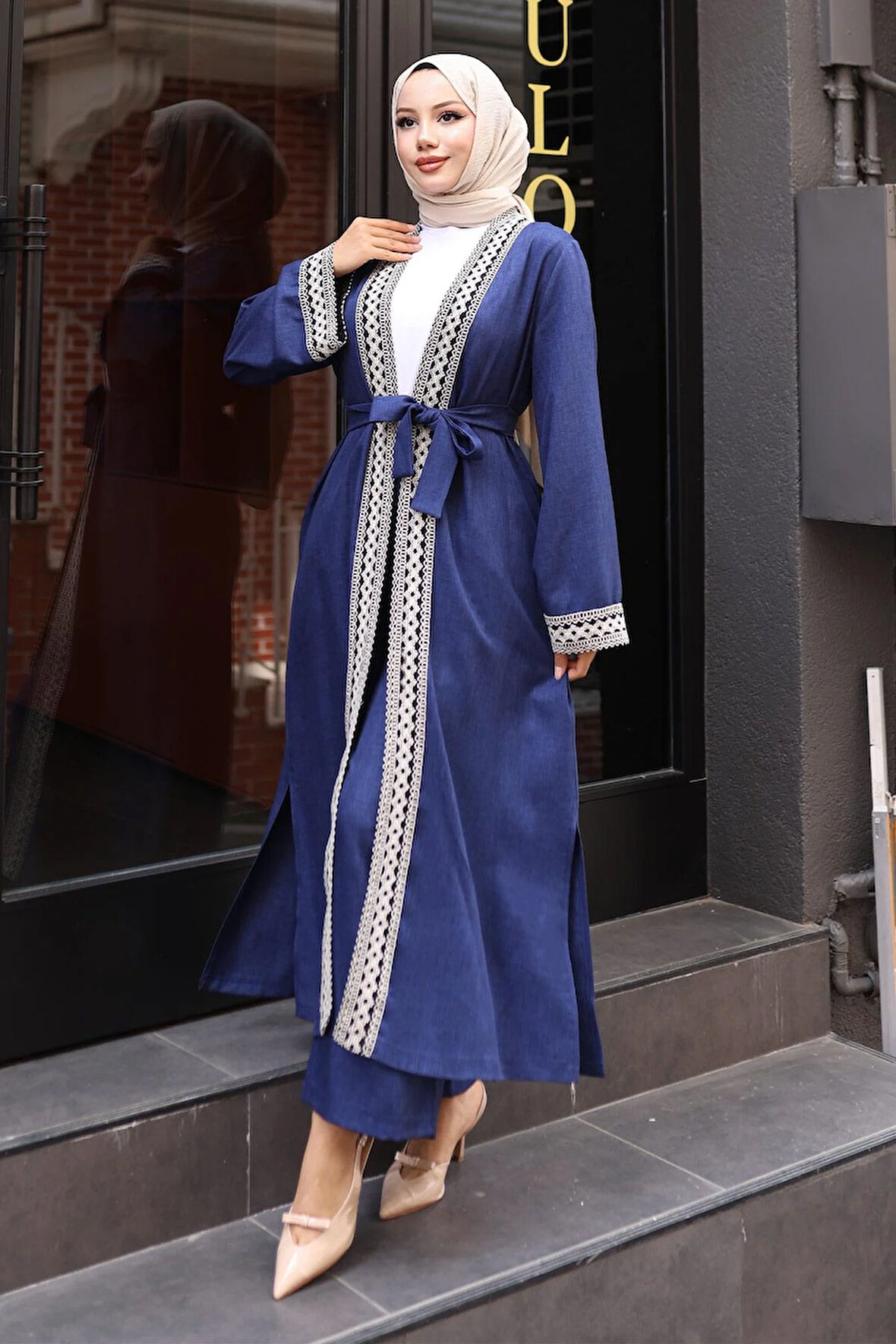 Etnik Desenli Kimono Takım İndigo MSW19251-2