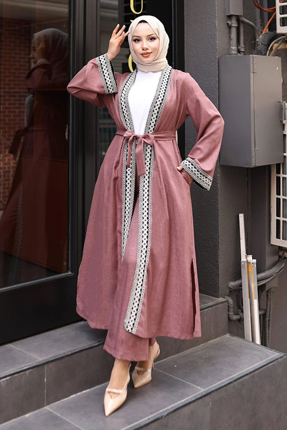 Etnik Desenli Kimono Takım Gül Kurusu MSW19251-3