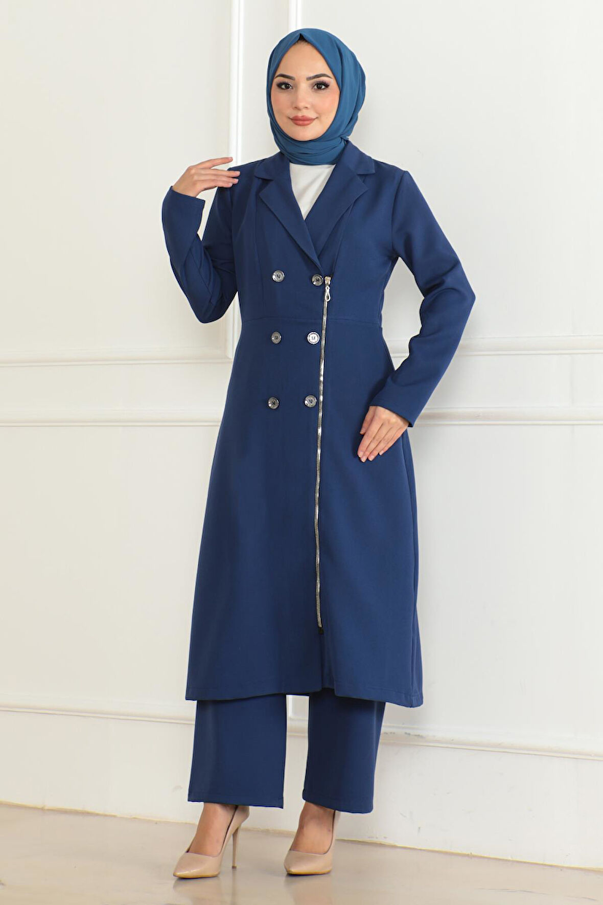 Düğme Detaylı Fermuarlı Takım İndigo MSW19219-2