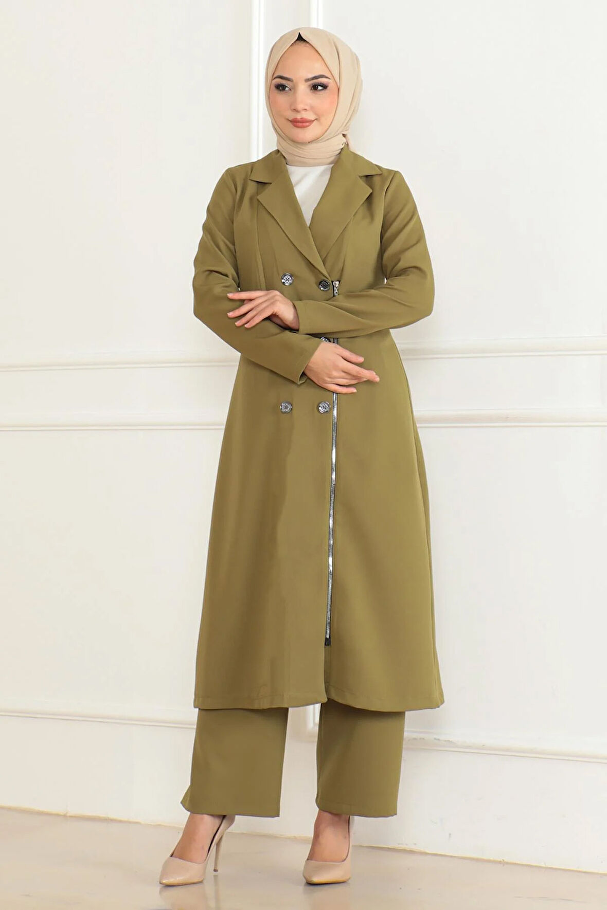 Düğme Detaylı Fermuarlı Takım Haki MSW19219-4
