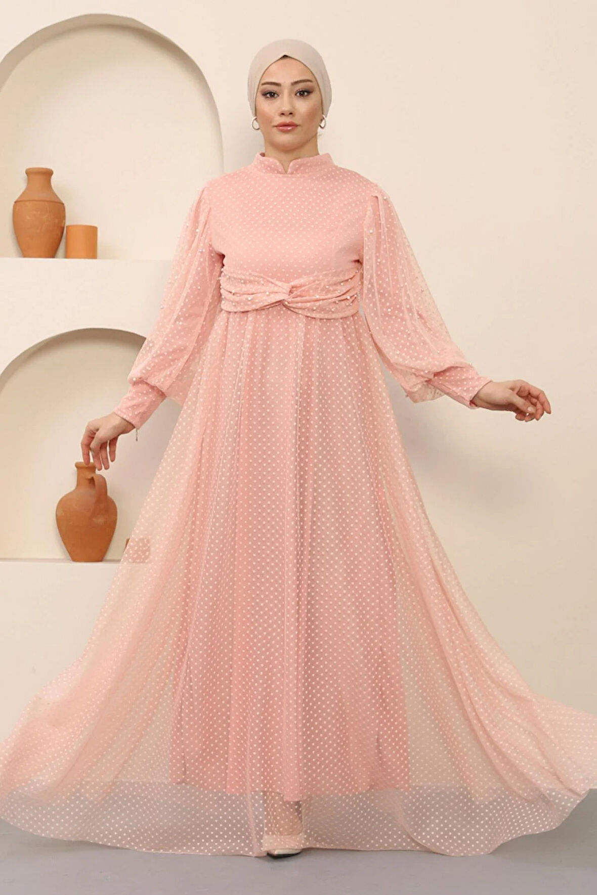 İnci Detaylı Tül Abiye Pudra MSW12238-3