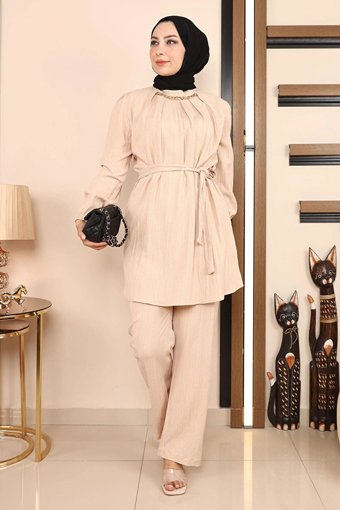 Zincir Detaylı Takım Bej MSW19140-3