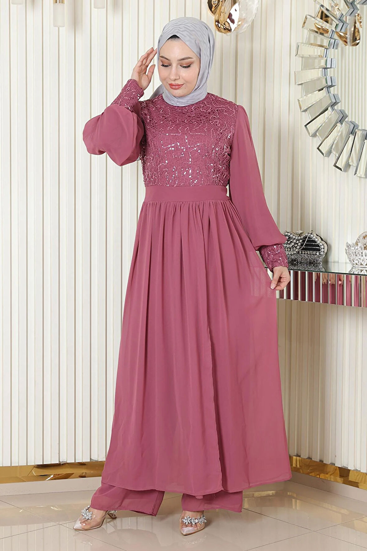 Pulpayetli Şifon Takım Gül Kurusu MSW19190-3