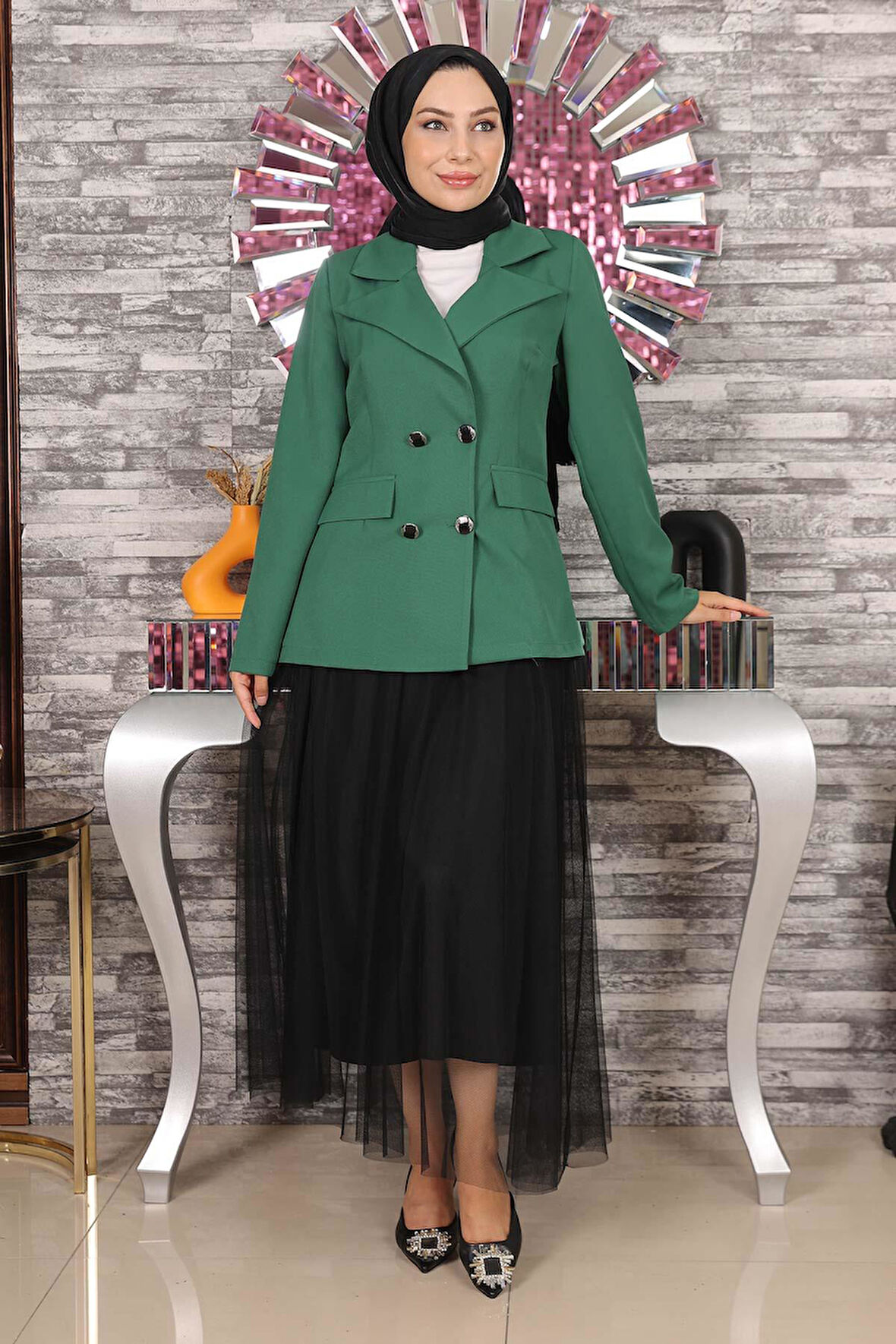 Ceketli Eteği Tül Takım Zümrüt MSW19151-5