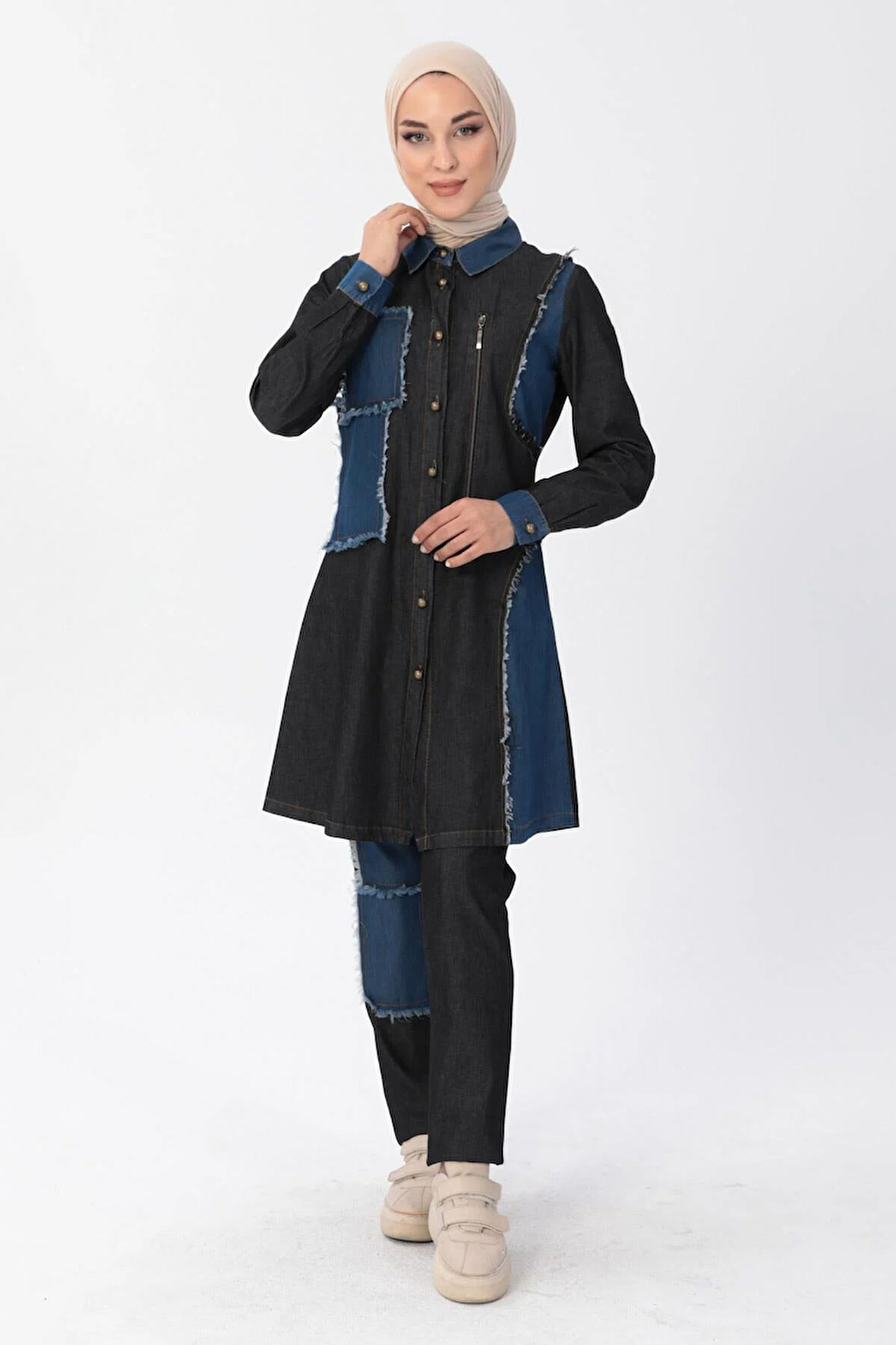 Fermuar Detaylı Tesettür Kot Kombin Siyah MSW10074-1