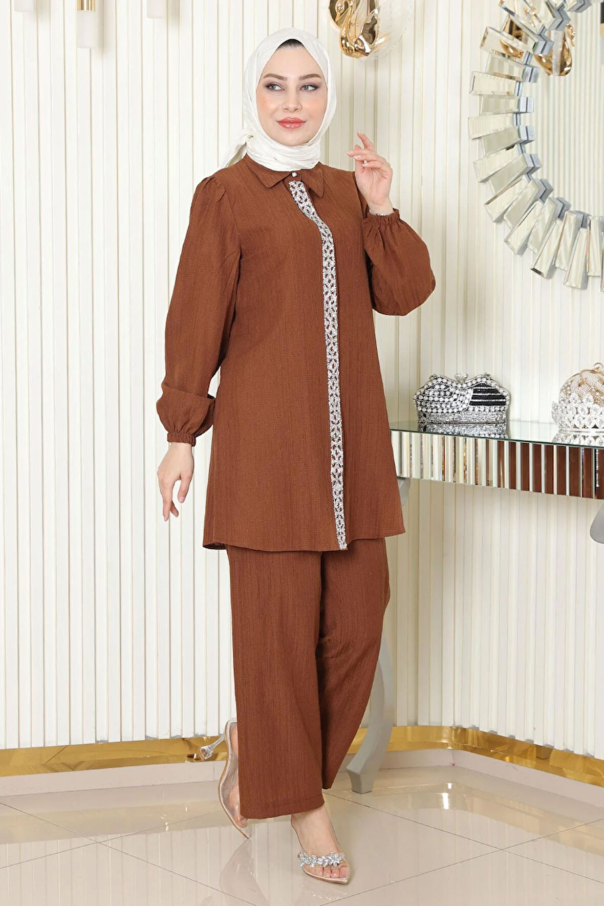 Taş Detaylı Takım Kahverengi MSW19195-5