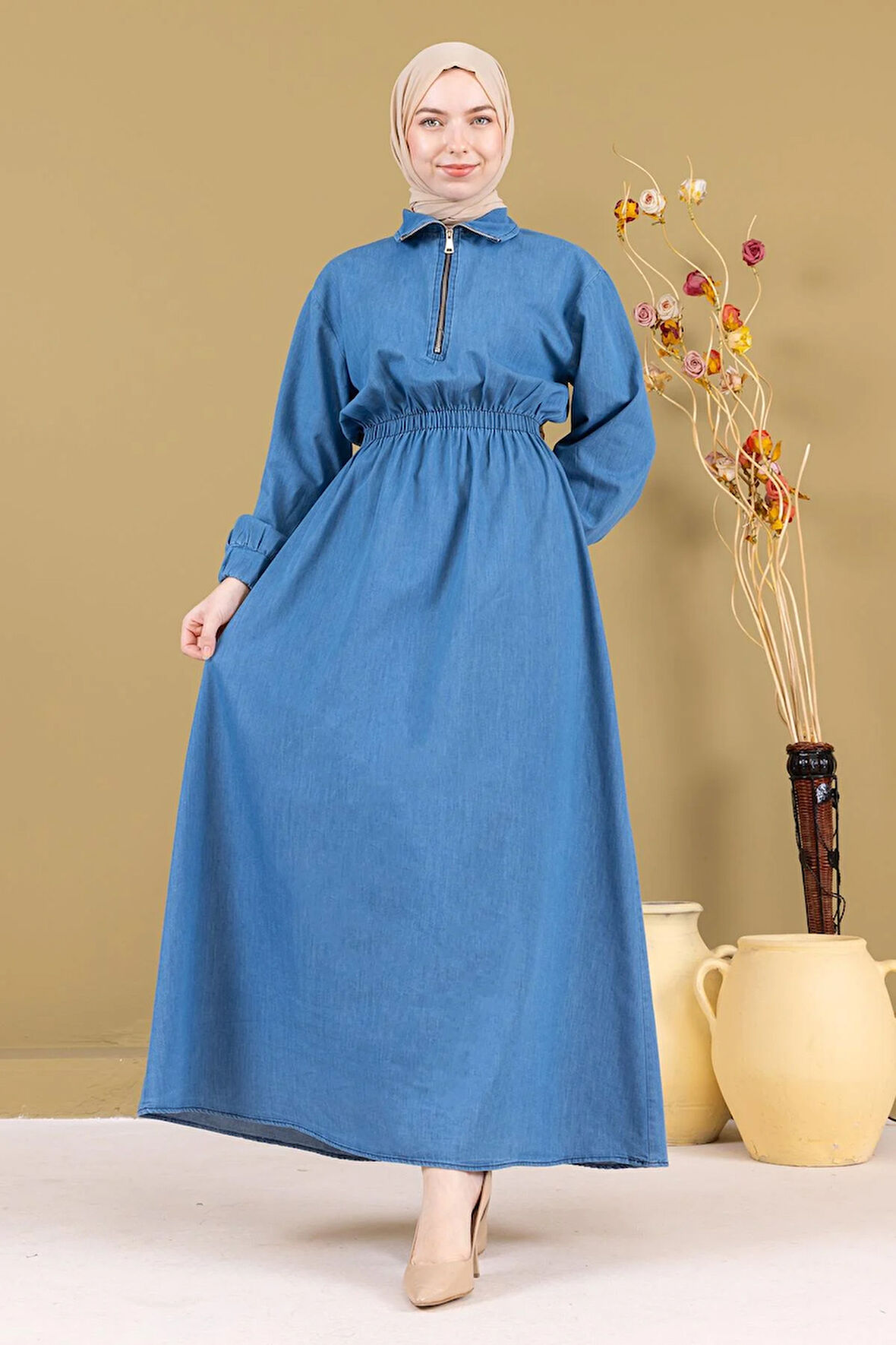 Fermuarlı Beli Lastikli Kot Elbise Açık Mavi MSW19240-1