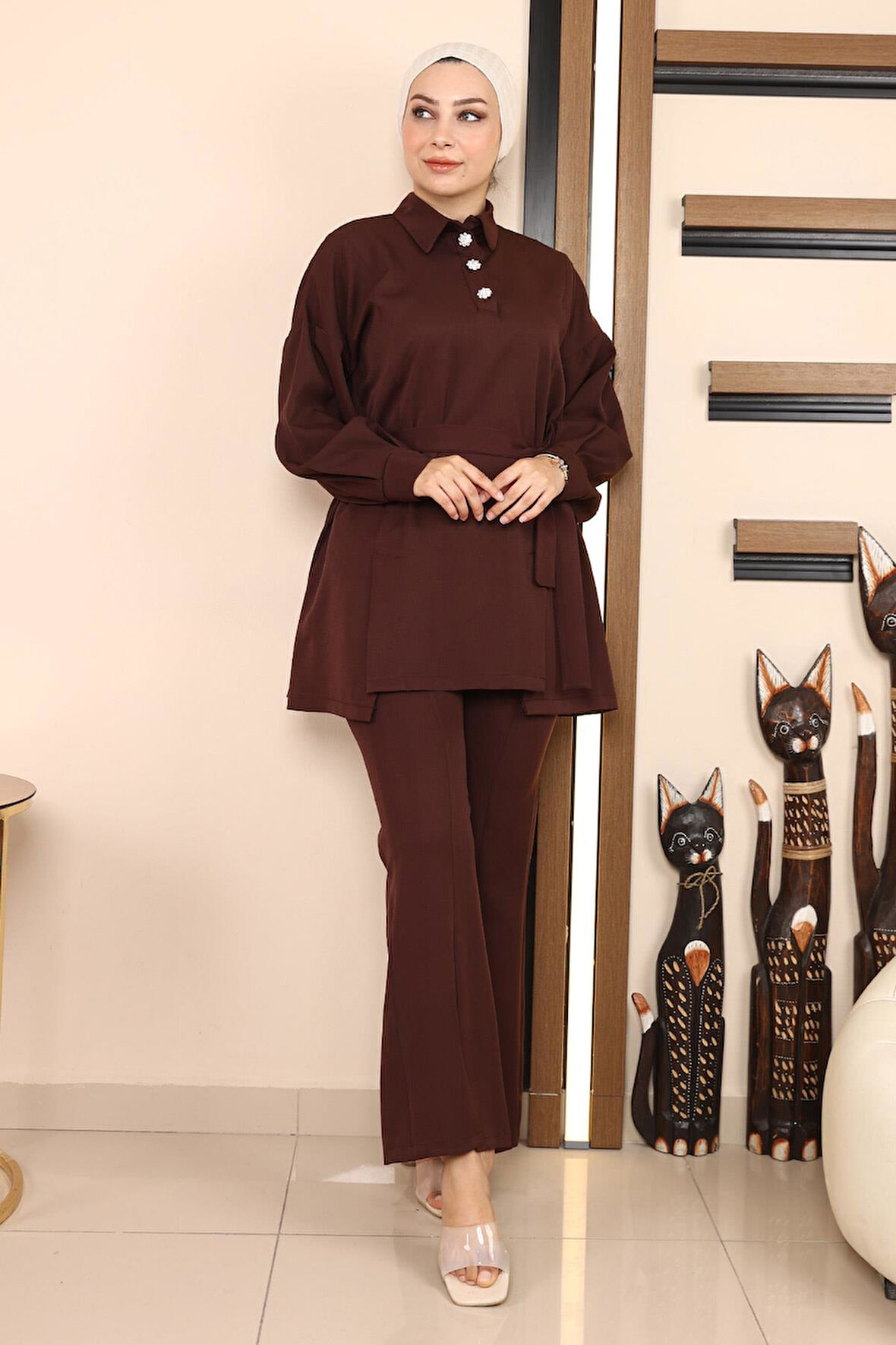 Yırtmaçlı Takım Kahverengi MSW19129-5