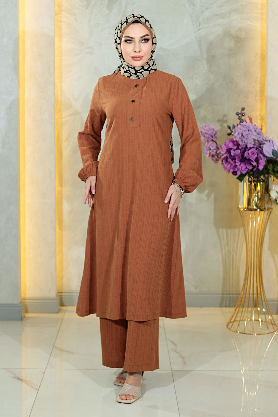 Düğmeli Tesettür Takım Taba MSW10358-5