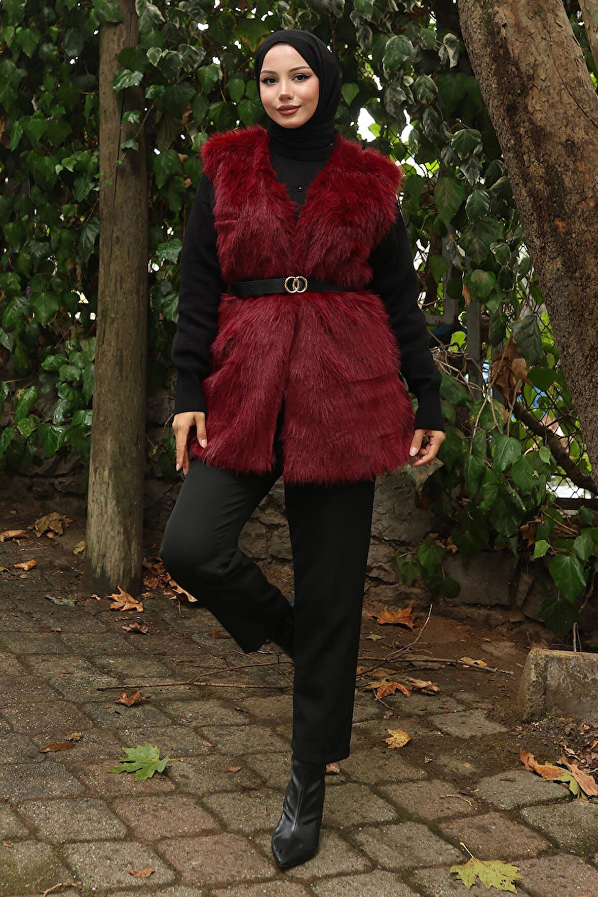 Kemerli Kürklü Yelek Bordo 19372