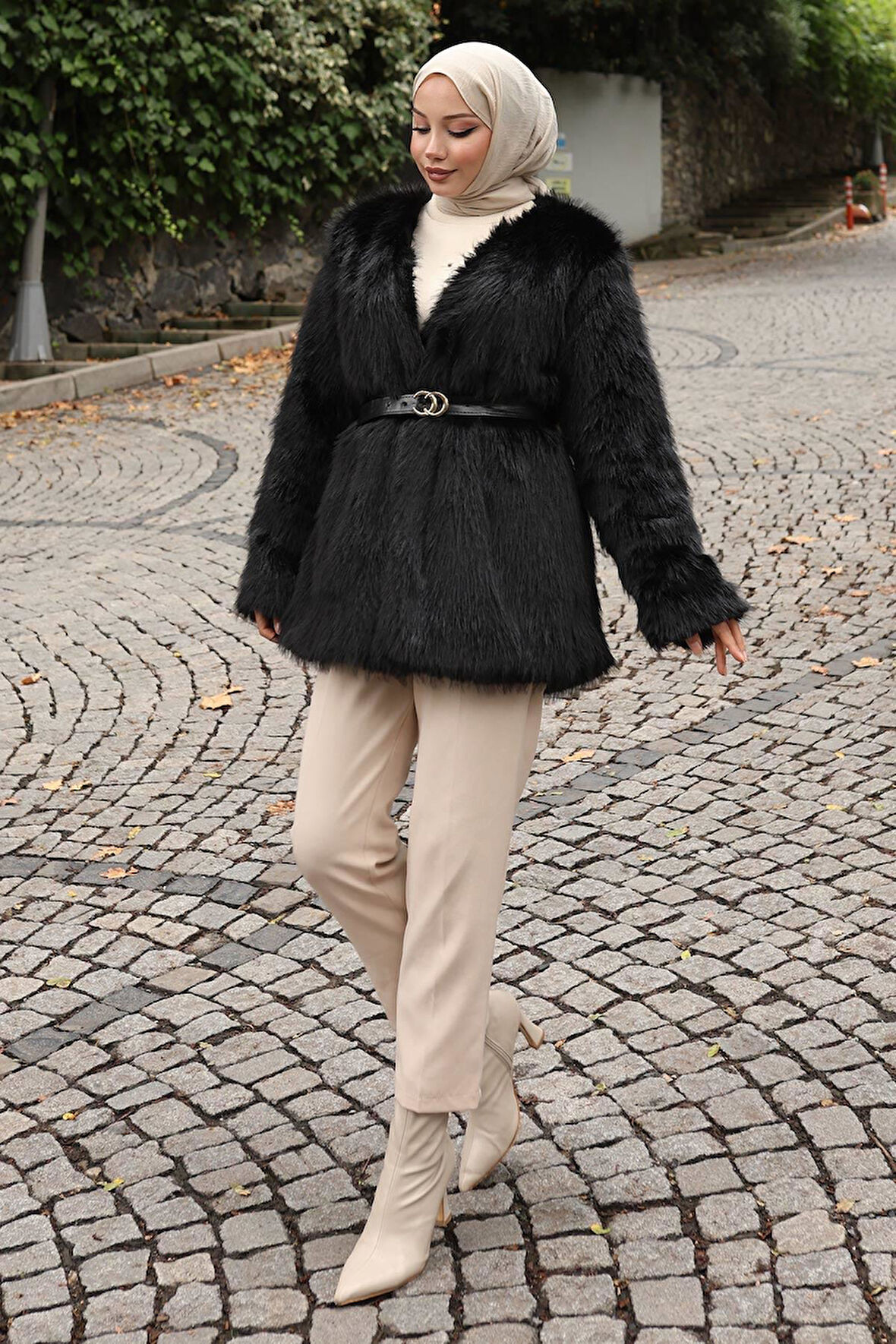 Kemerli Kürklü Ceket Siyah 19278