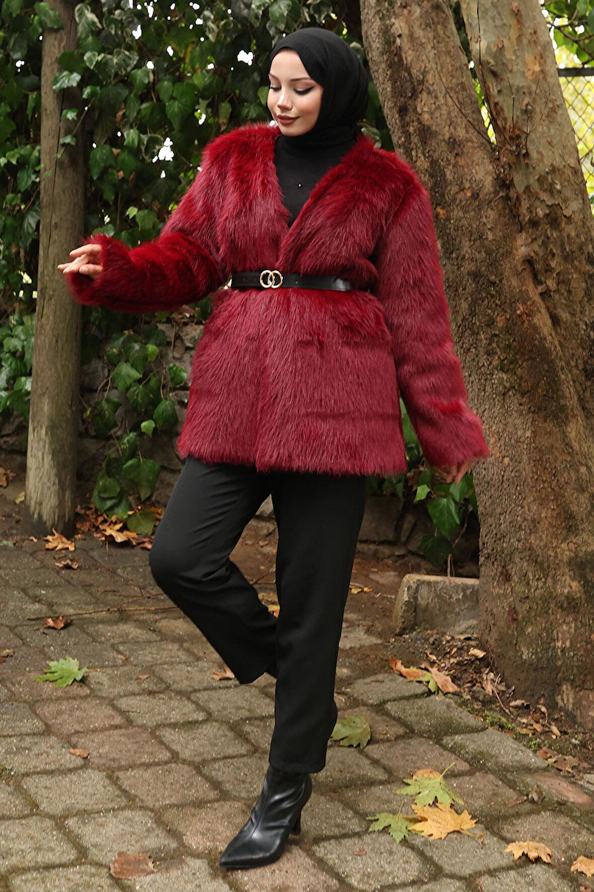 Kemerli Kürklü Ceket Bordo 19278