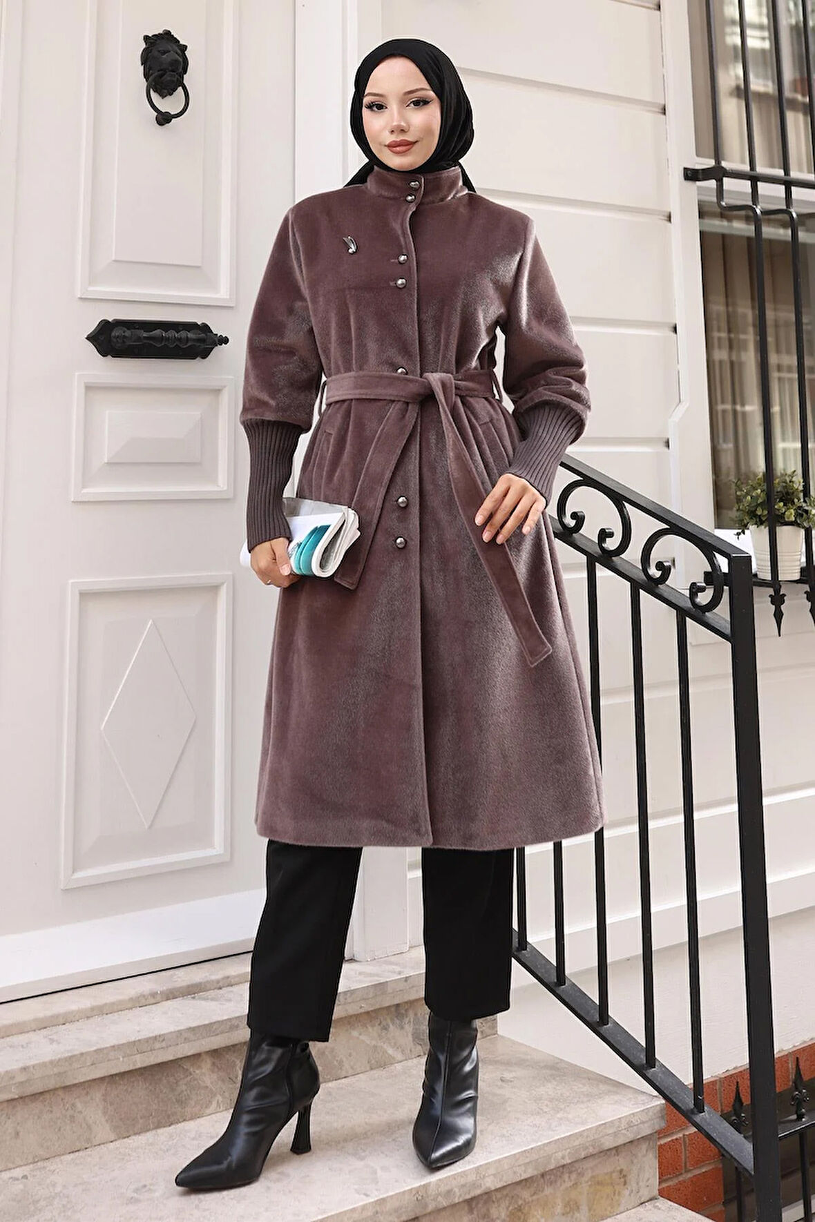 Broş Detaylı Kaban Kahverengi 19279