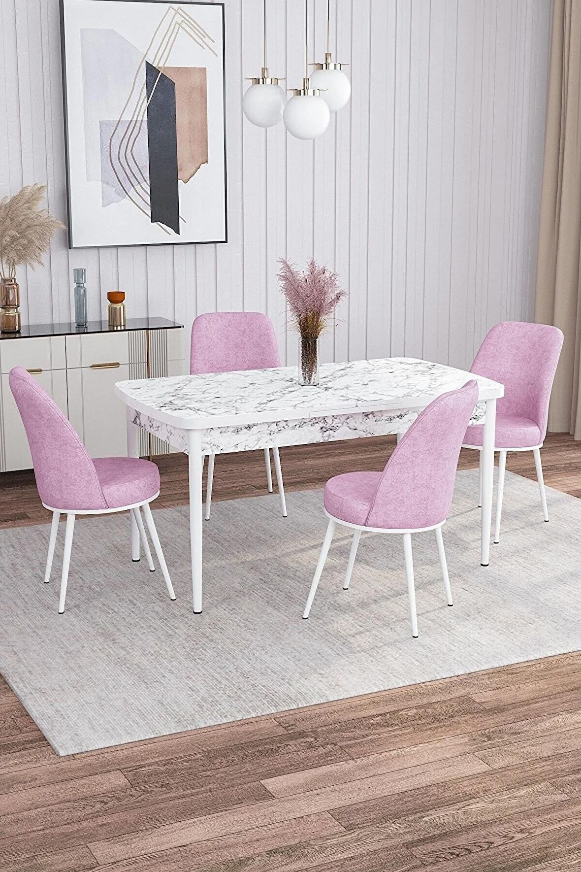 Rovena Bade Beyaz Mermer 70x114 Açılabilir Mdf Yemek Odası Takımı 4 Adet Sandalye