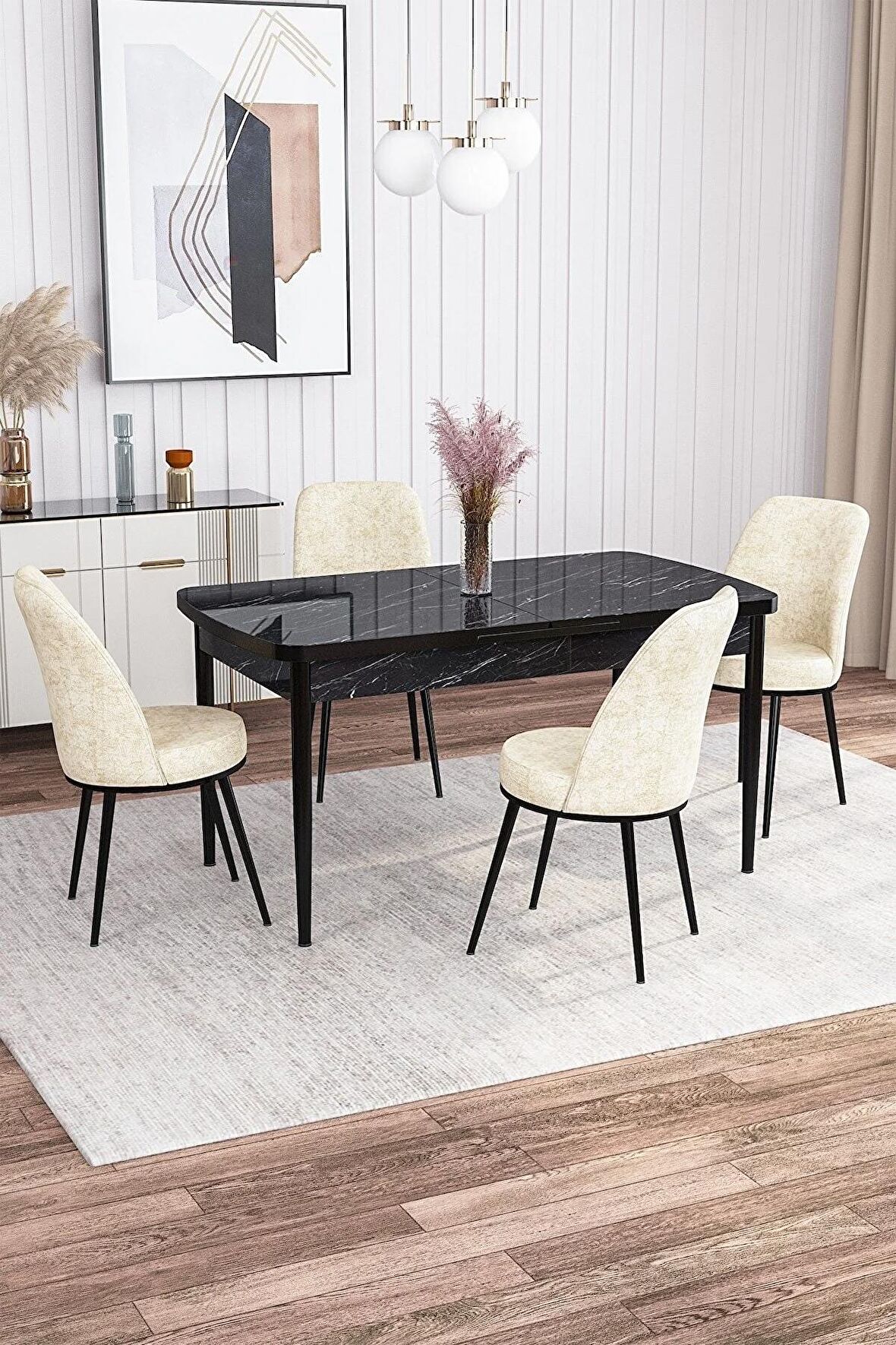 Rovena Bade Siyah Mermer 70x114 Açılabilir Mdf Yemek Odası Takımı 4 Adet Sandalye