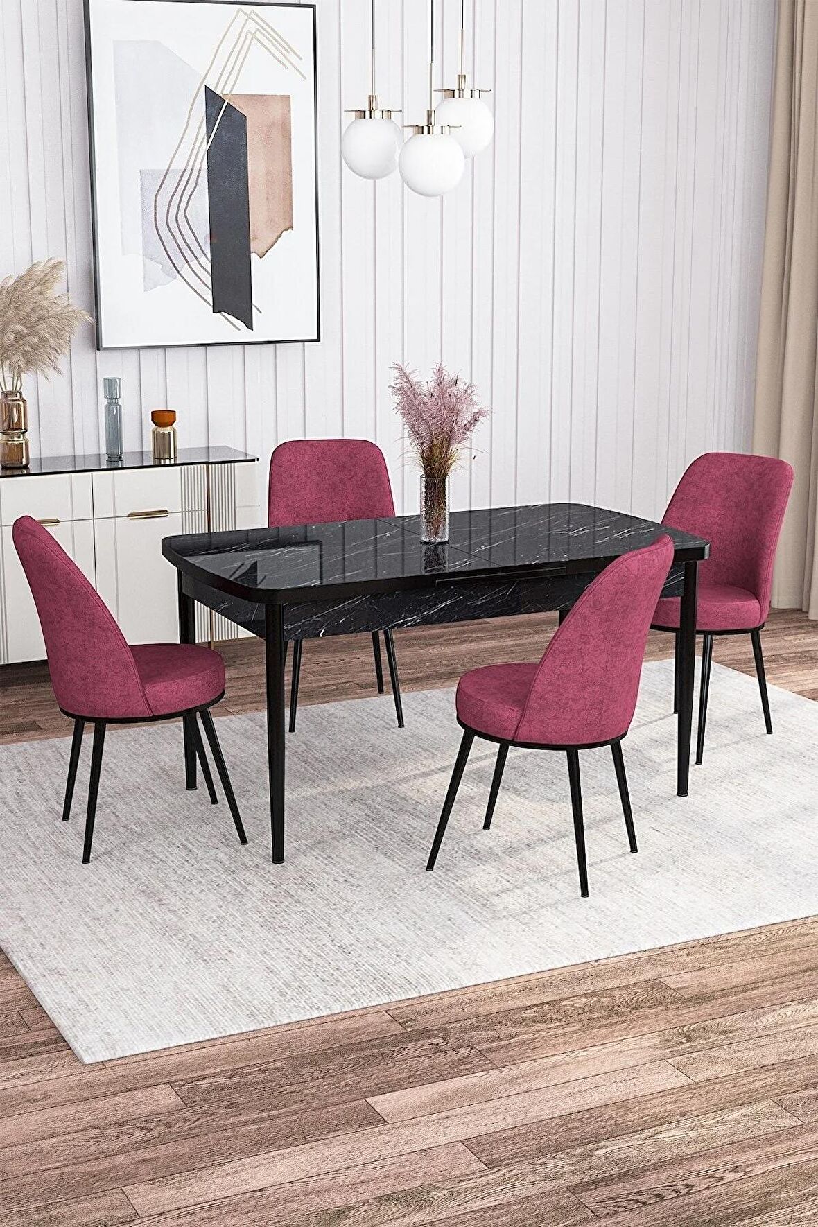 Rovena Bade Siyah Mermer 70x114 Açılabilir Mdf Yemek Odası Takımı 4 Adet Sandalye