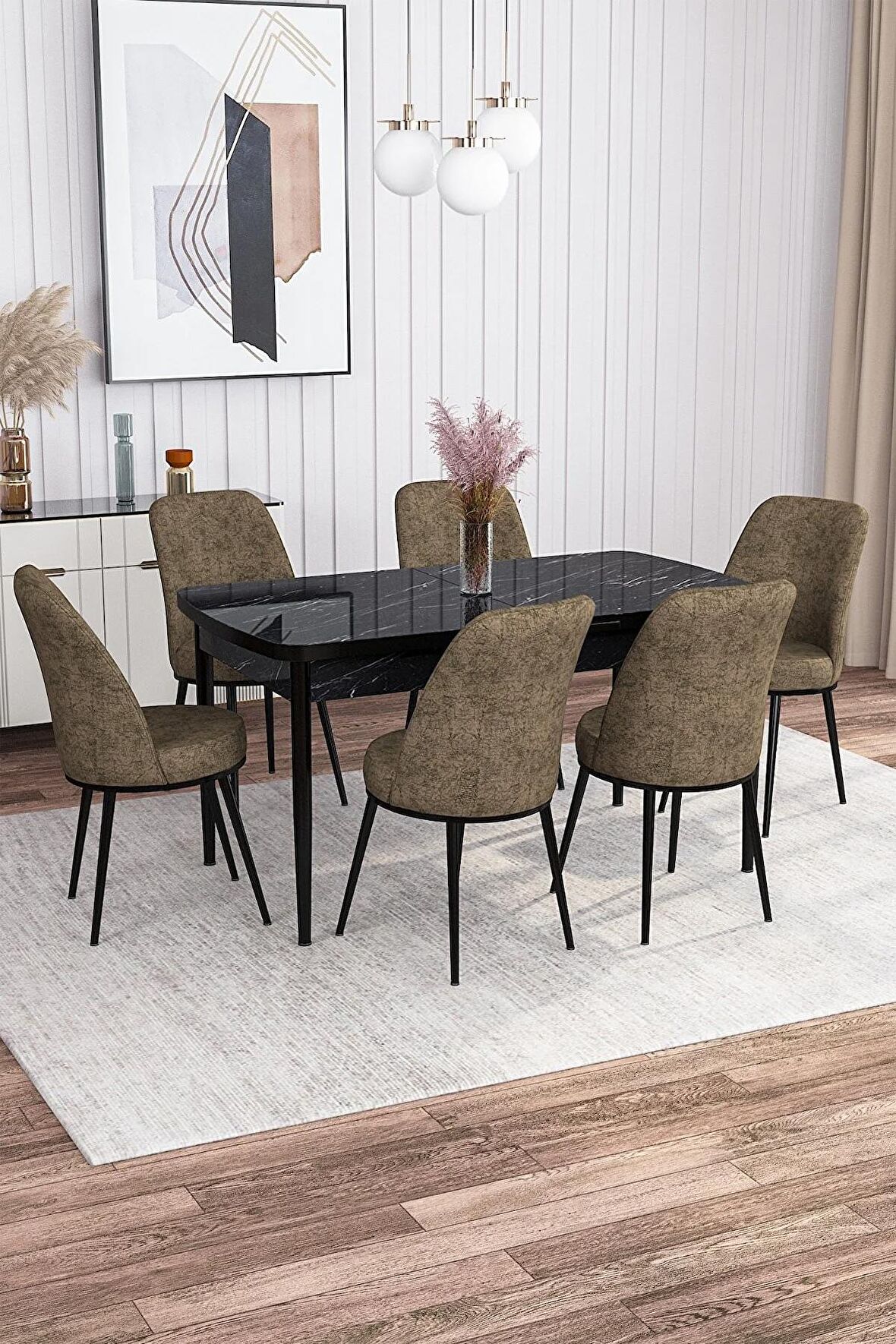 Rovena Bade Siyah Mermer 70x114 Açılabilir Mdf Yemek Odası Takımı 6 Adet Sandalye