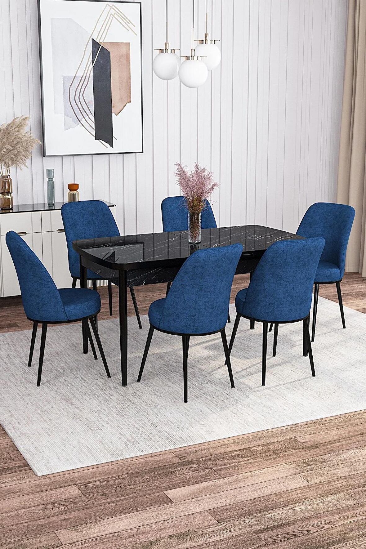 Rovena Bade Siyah Mermer 70x114 Açılabilir Mdf Yemek Odası Takımı 6 Adet Sandalye