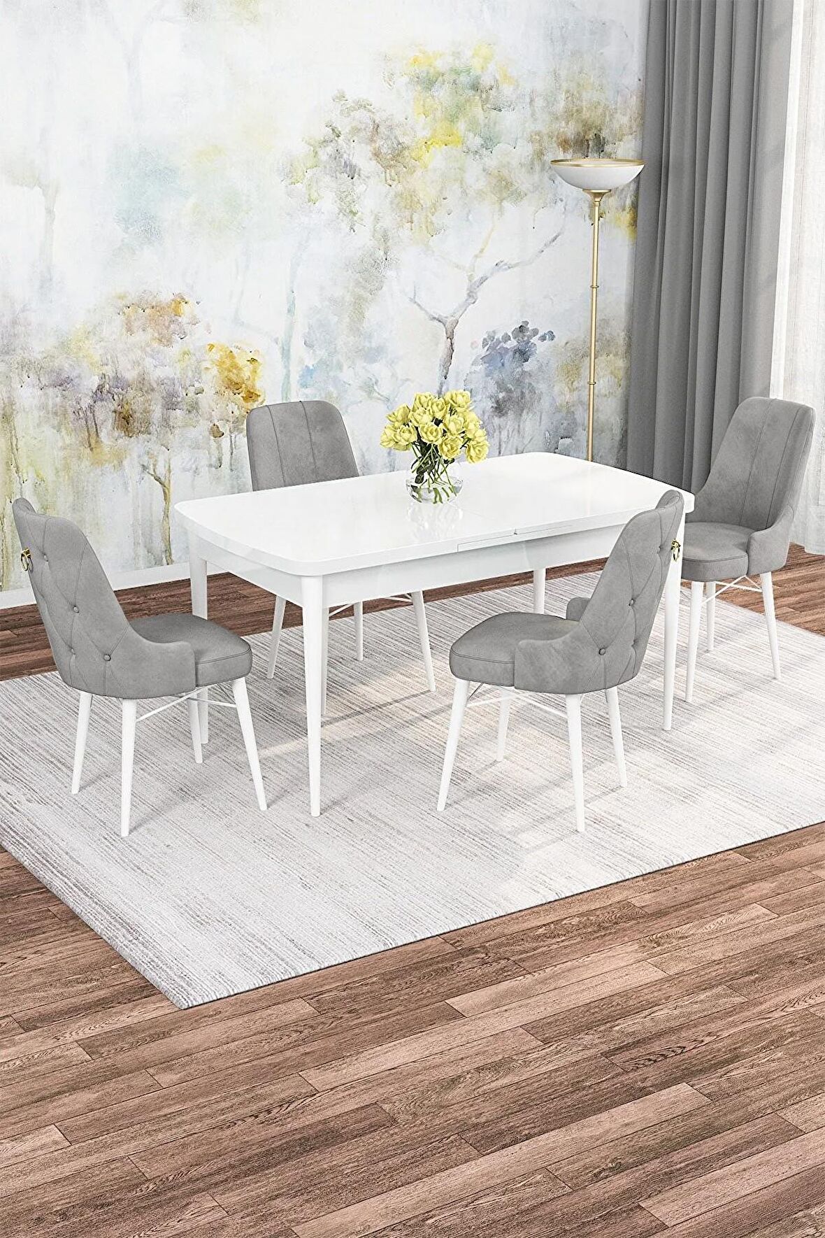 Rovena Rose Beyaz 70x114 Açılabilir Mdf Yemek Odası Takımı 4 Adet Sandalye
