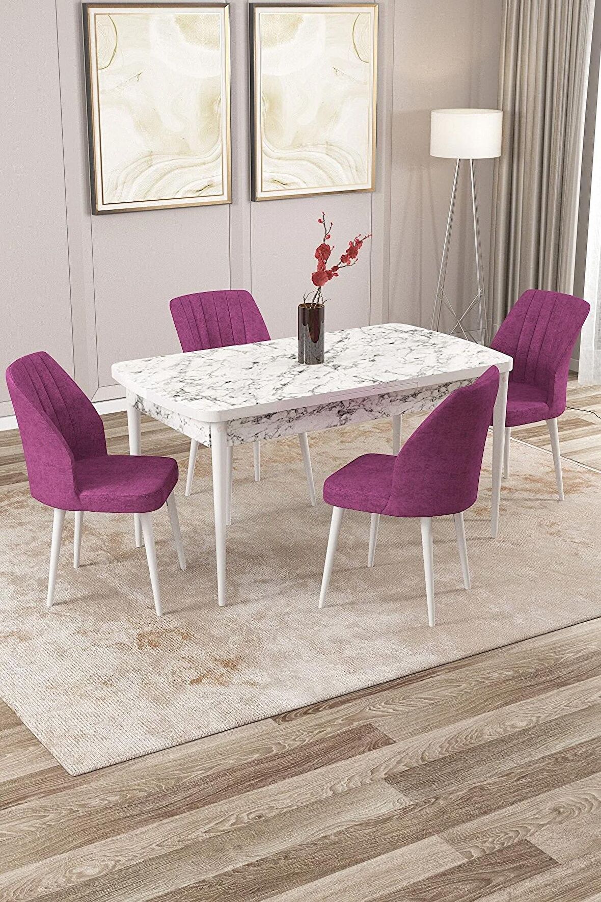 Rovena Lora Beyaz Mermer 70x114 Açılabilir Mdf Yemek Odası Takımı 4 Adet Sandalye