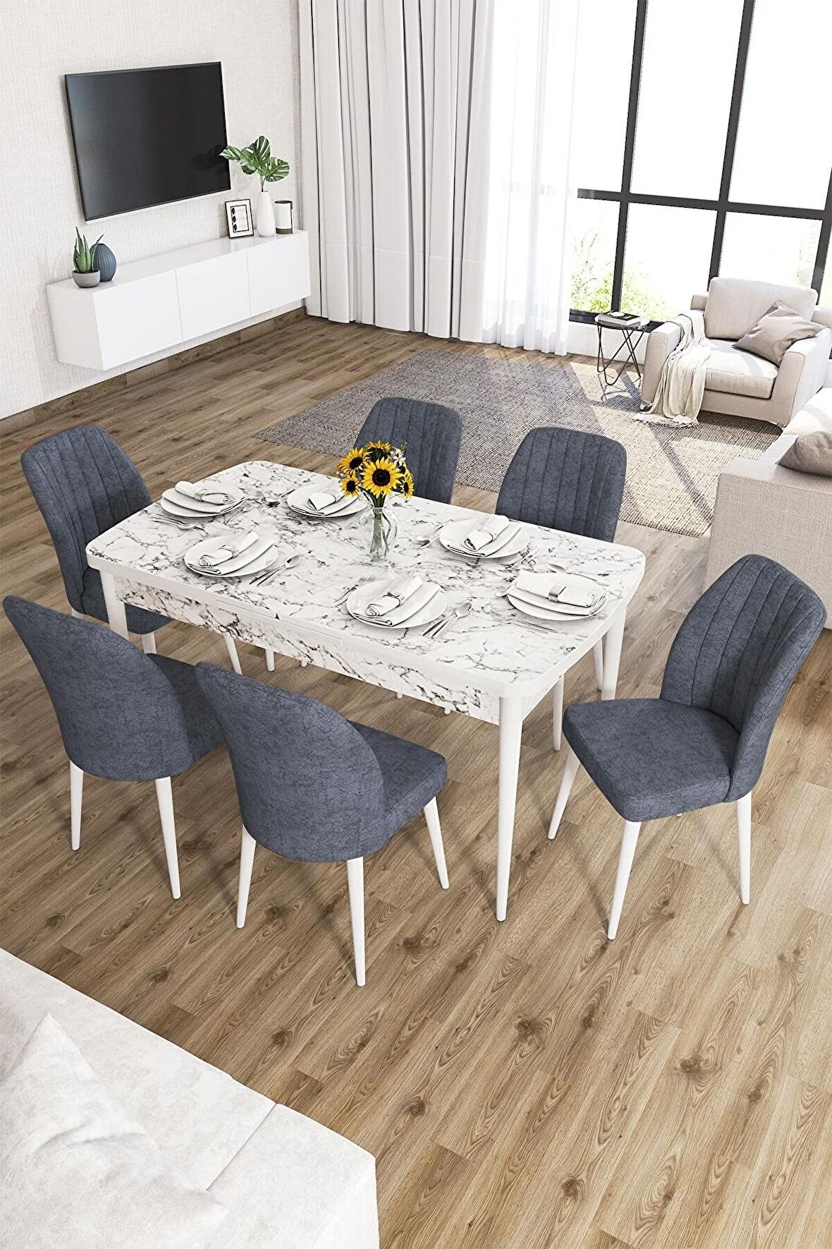 Rovena Lora Beyaz Mermer 70x114 Açılabilir Mdf Yemek Odası Takımı 6 Adet Sandalye