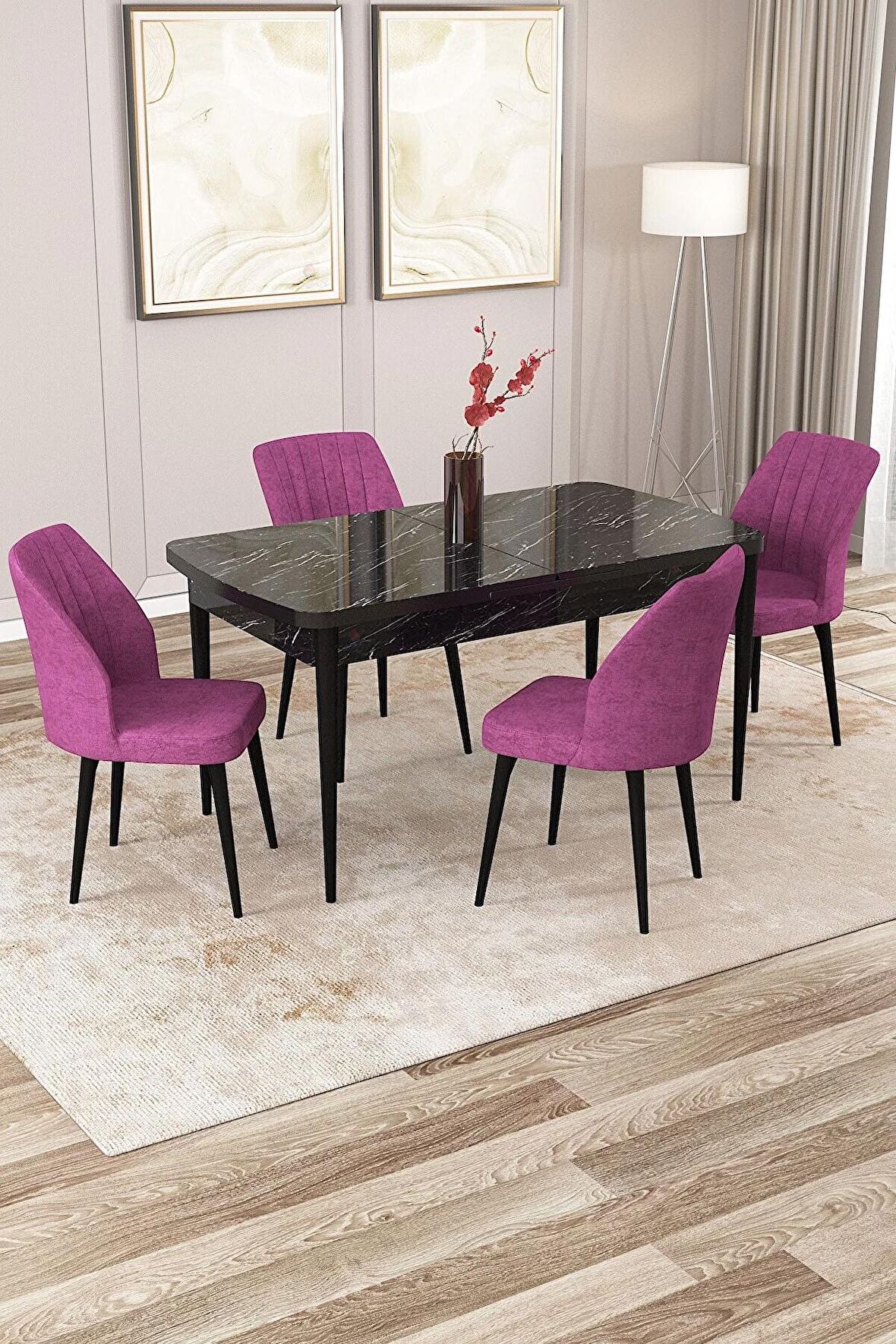 Rovena Lora Siyah Mermer 70x114 Açılabilir Mdf Yemek Odası Takımı 4 Adet Sandalye