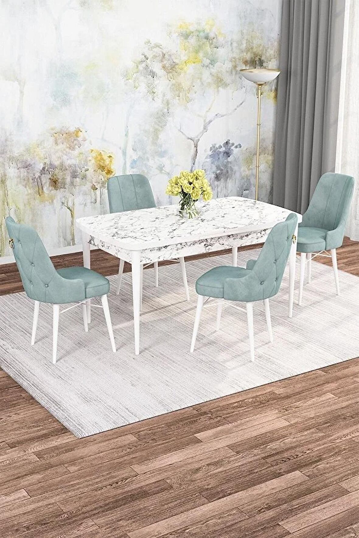 Rovena Rose Beyaz Mermer  70X114 Açılabilir Mdf Mutfak Masası Takımı 4 Adet Sandalye