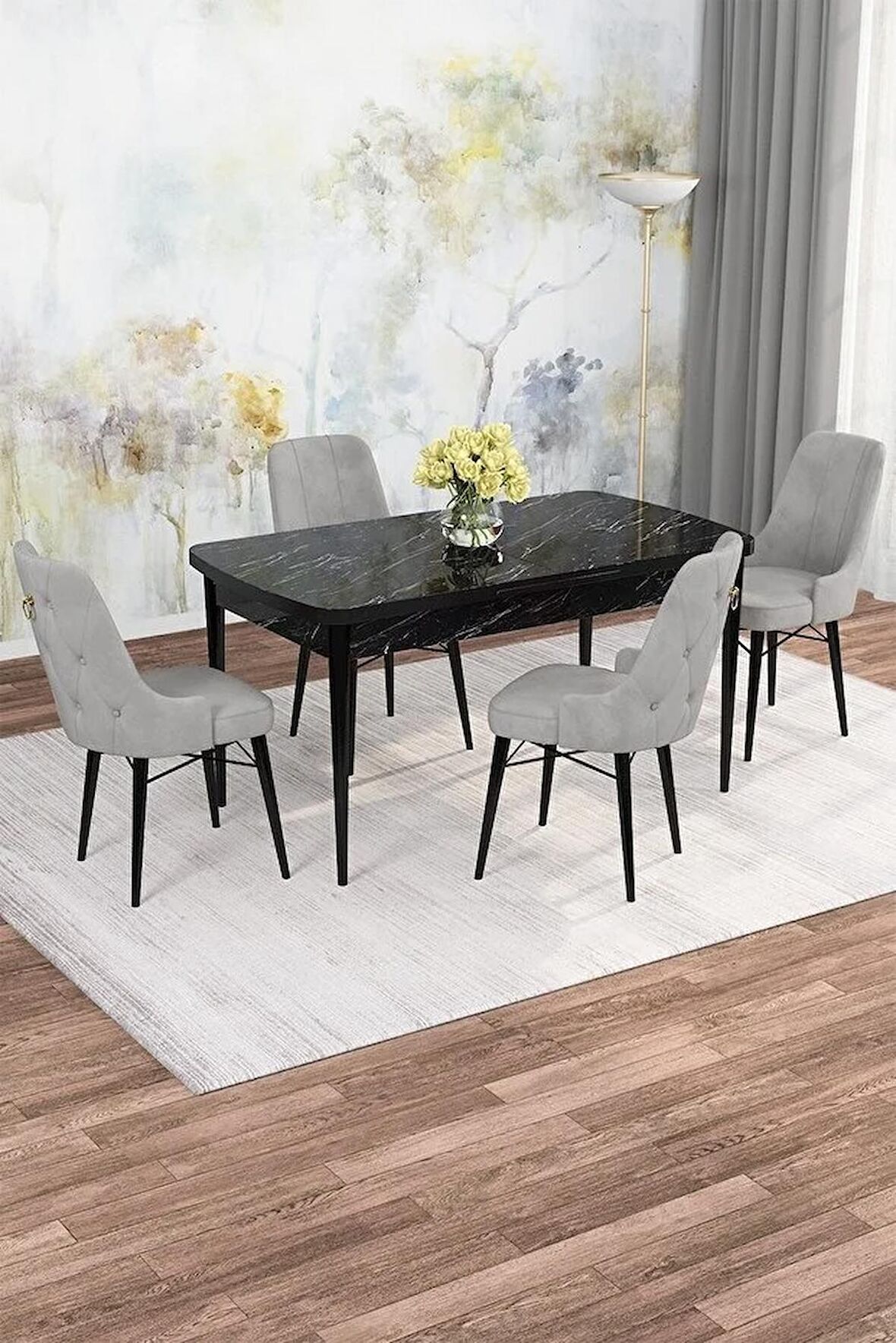 Rovena Rose  Siyah Mermer 70x114 Açılabilir Mdf Mutfak Masası Takımı 4 Adet Sandalye